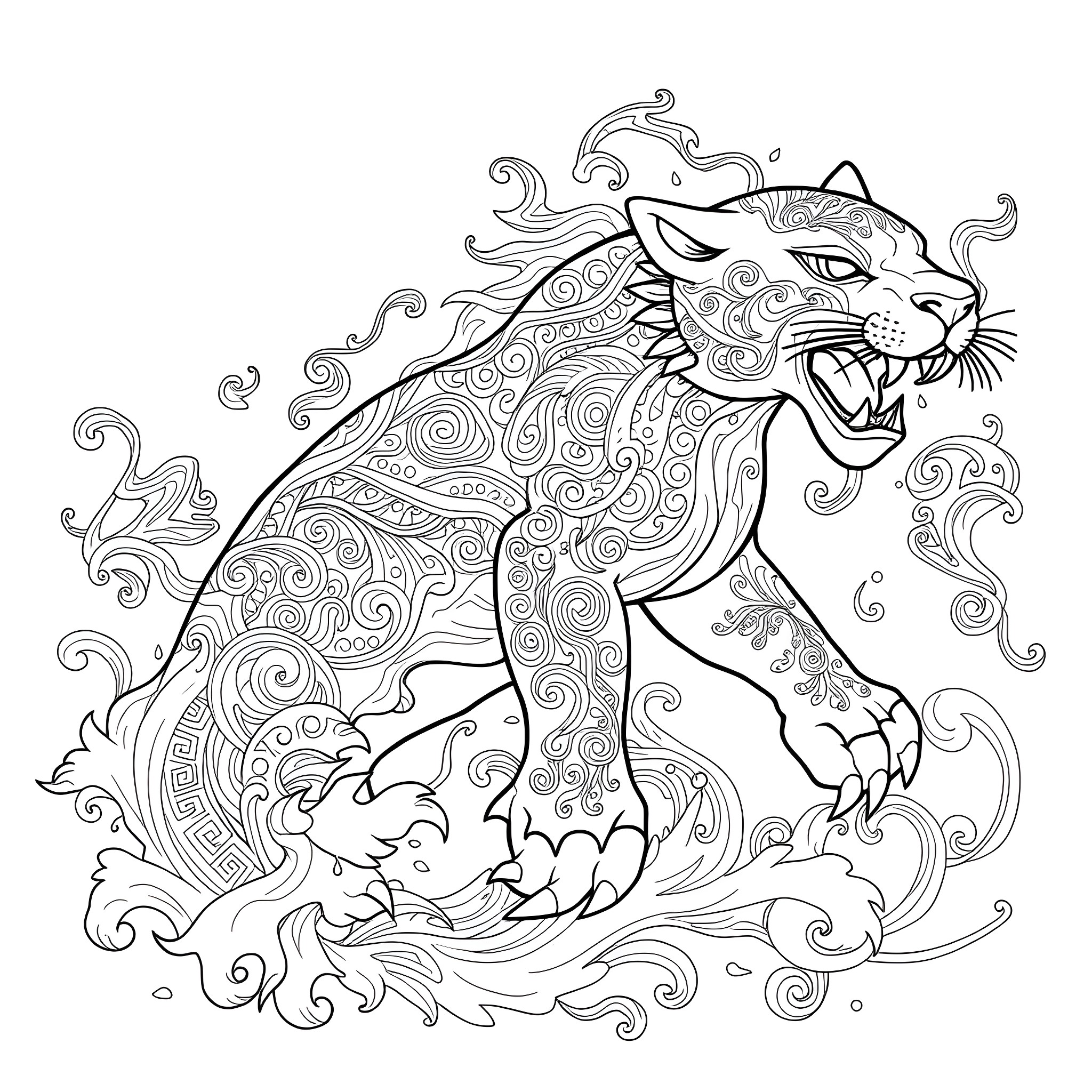 Mishipeshu - Majestic feline spirit in swirling splendor Coloring Page (free black-and-white line drawing printable PDF for all, from beginners to advanced learners, including children, teens, adults, and seniors)