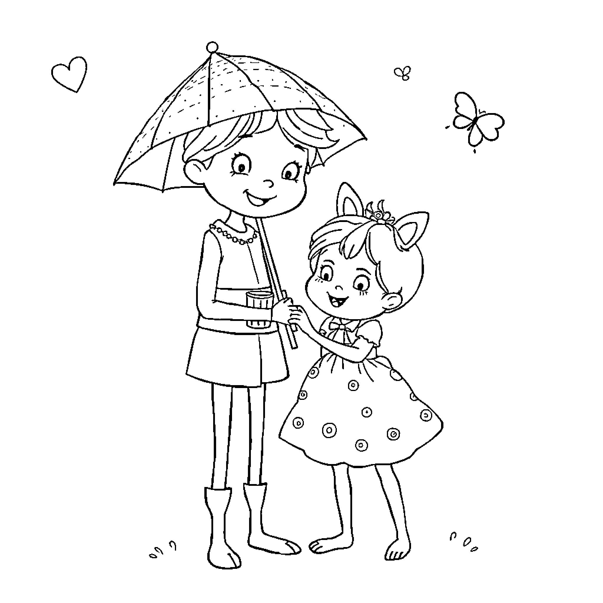 Grandparents walking with grandchild under umbrella Coloring Page (free black-and-white line drawing printable PDF for all, from beginners to advanced learners, including children, teens, adults, and seniors)
