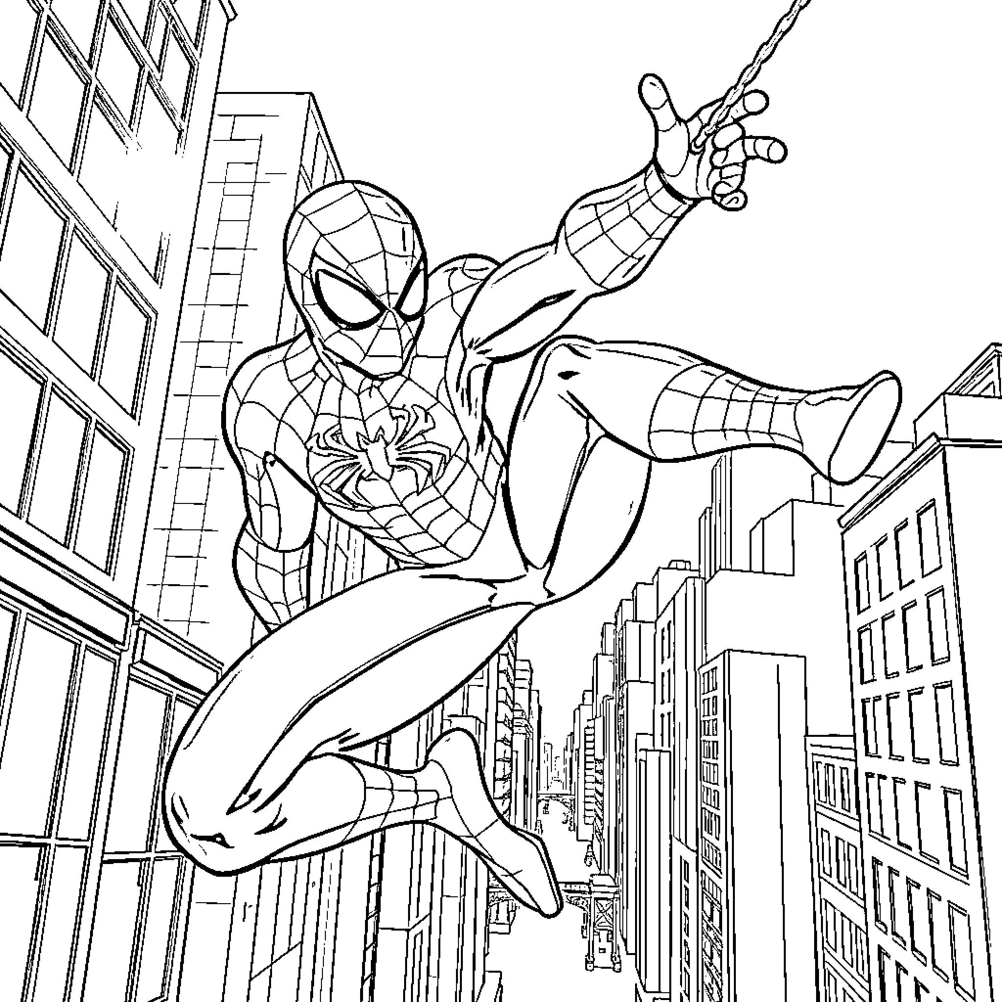 Spiderman swinging through the city skyline Coloring Page (free black-and-white line drawing printable PDF for all, from beginners to advanced learners, including children, teens, adults, and seniors)