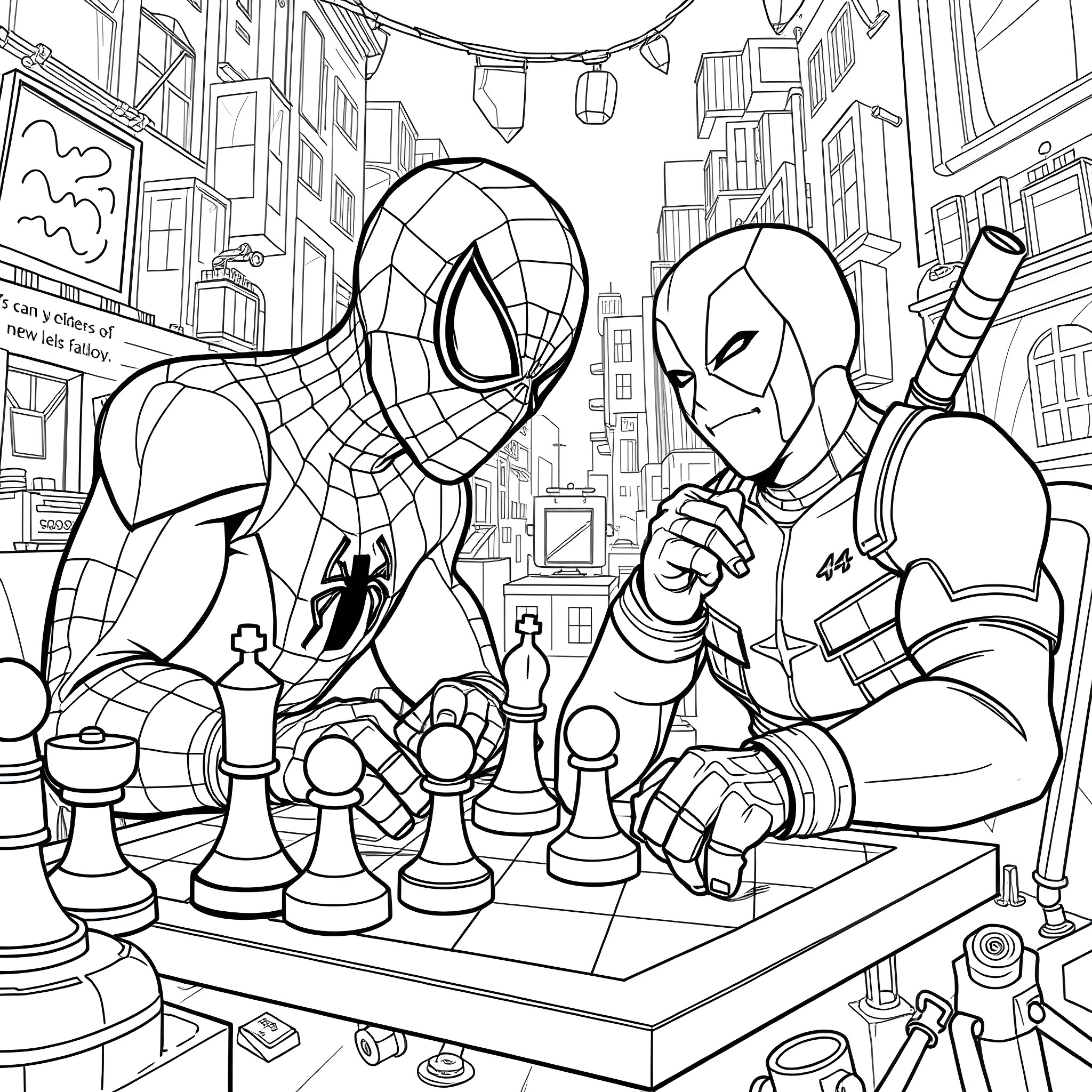 Spiderman and Deadpool playing chess in the city Coloring Page (free black-and-white line drawing printable PDF for all, from beginners to advanced learners, including children, teens, adults, and seniors)