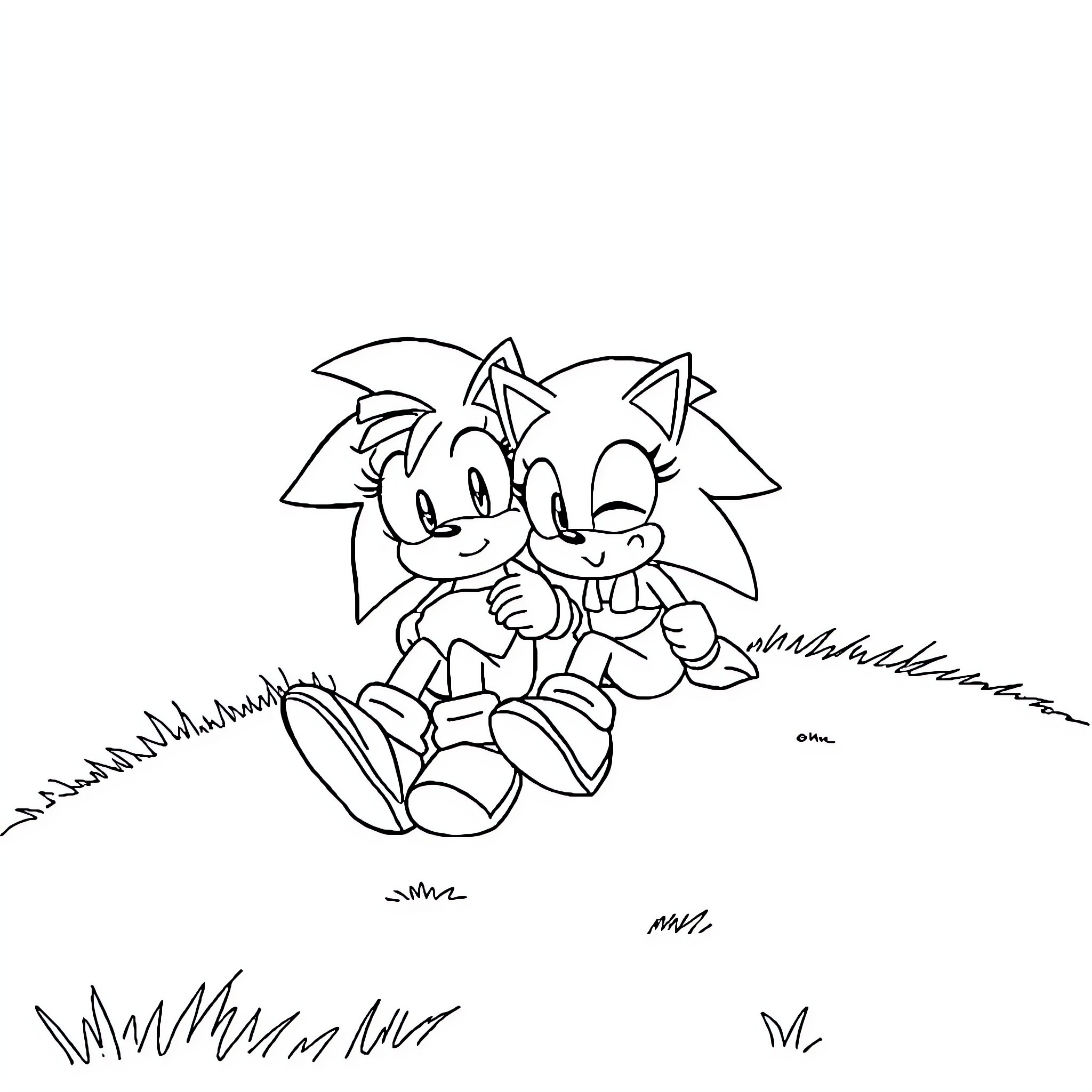 Sonic and Friend Sitting in the Grass Coloring Page (free black-and-white line drawing printable PDF for all, from beginners to advanced learners, including children, teens, adults, and seniors)