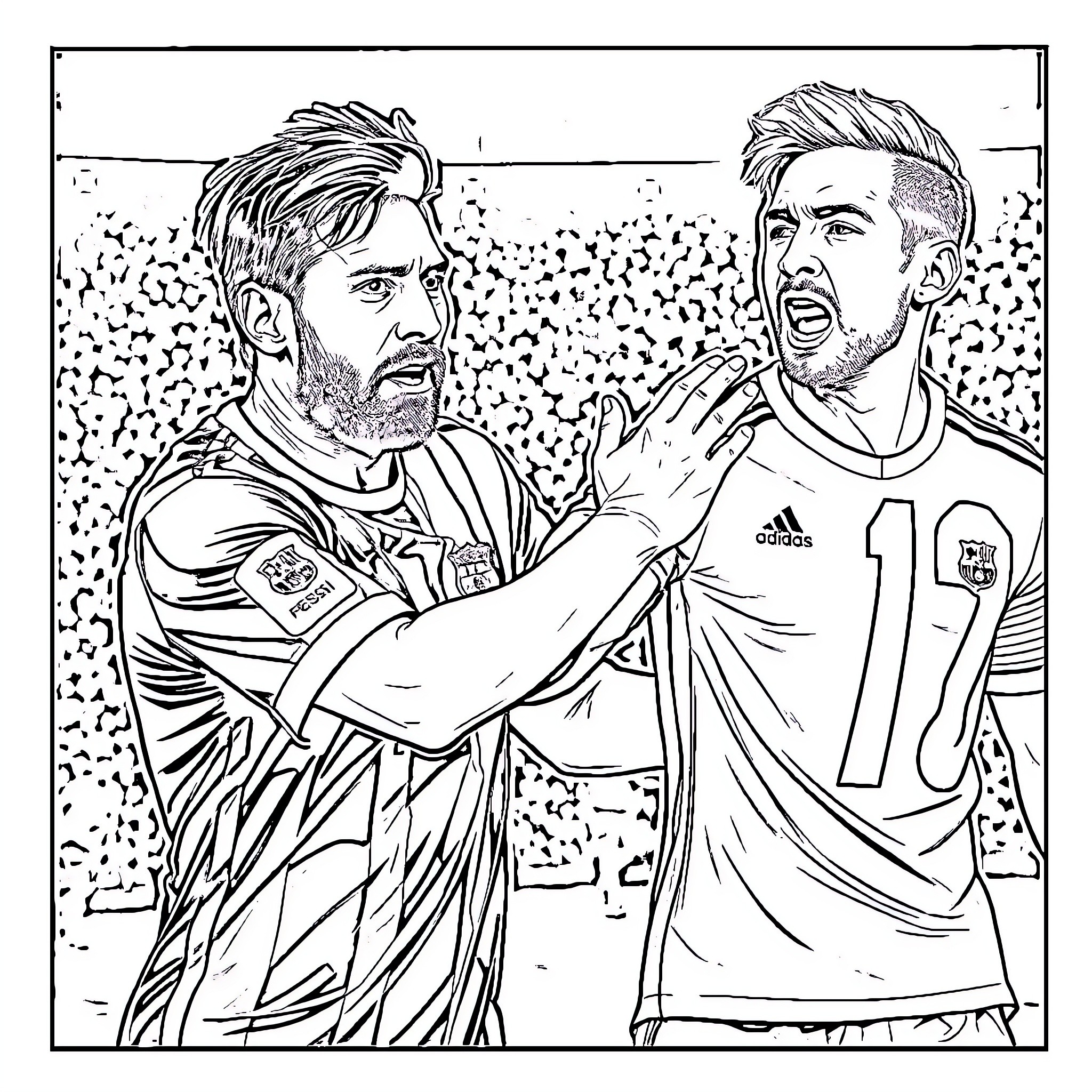 Messi arguing with teammate on the field Coloring Page (free black-and-white line drawing printable PDF for all, from beginners to advanced learners, including children, teens, adults, and seniors)