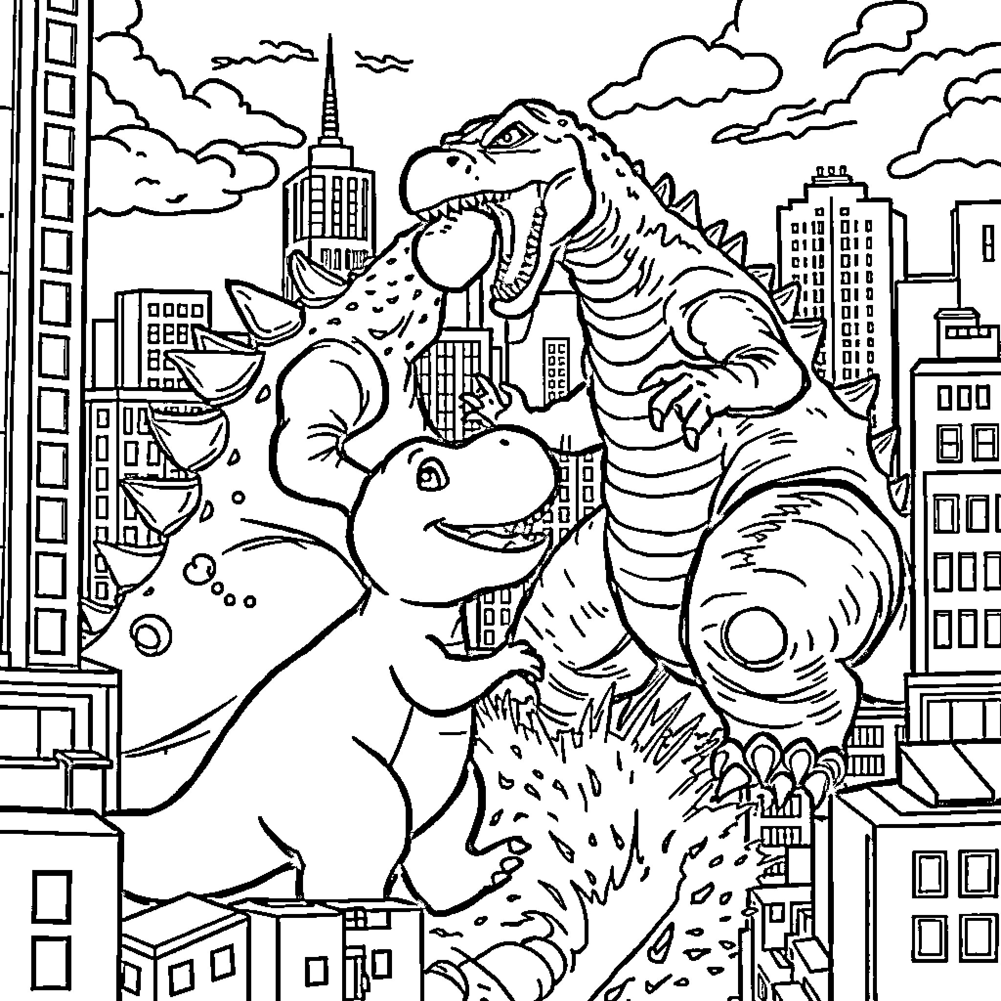 Barney's Rampaging Adventure in the City Coloring Page (free black-and-white line drawing printable PDF for all, from beginners to advanced learners, including children, teens, adults, and seniors)
