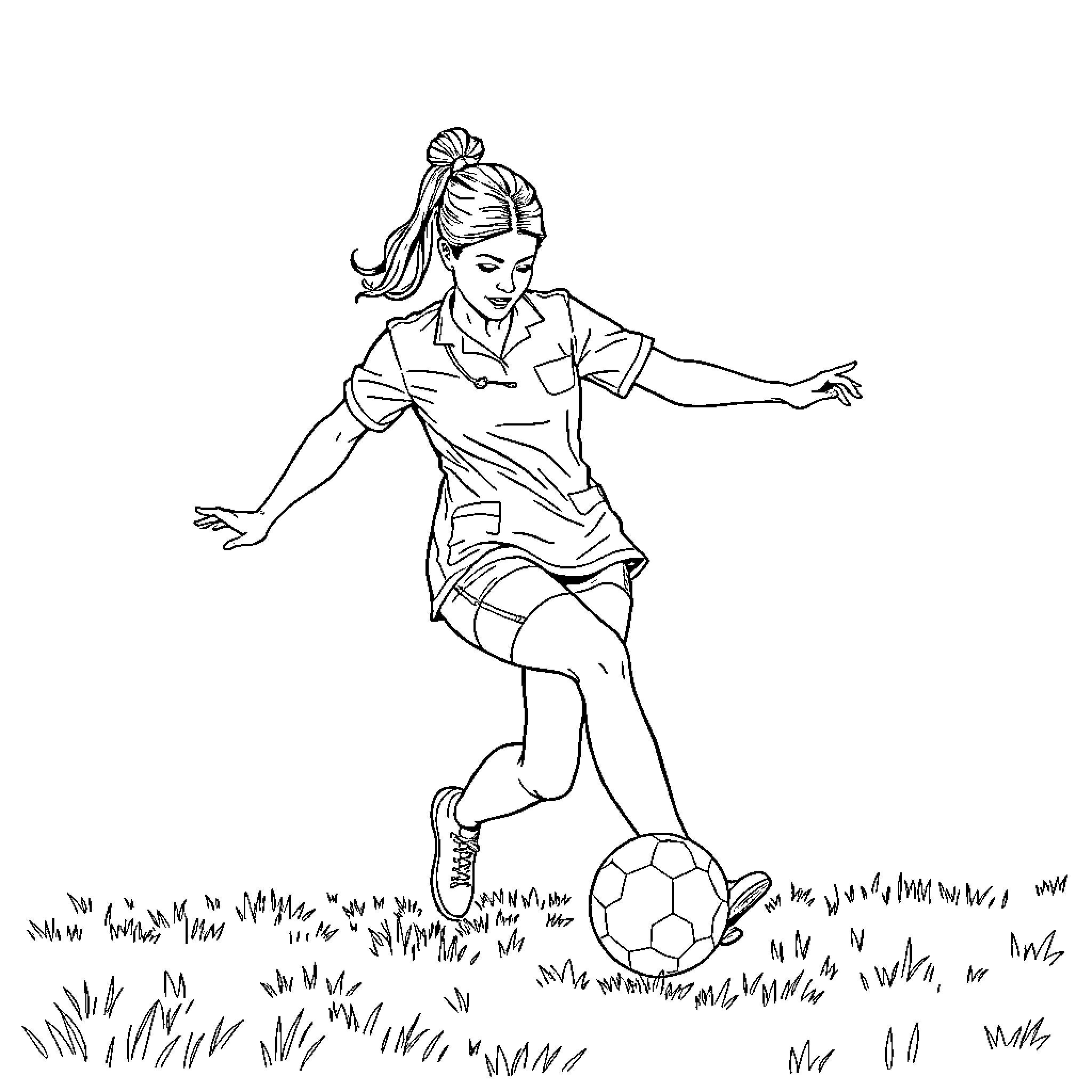 Nurse playing joyfully with soccer ball in the field Coloring Page (free black-and-white line drawing printable PDF for all, from beginners to advanced learners, including children, teens, adults, and seniors)