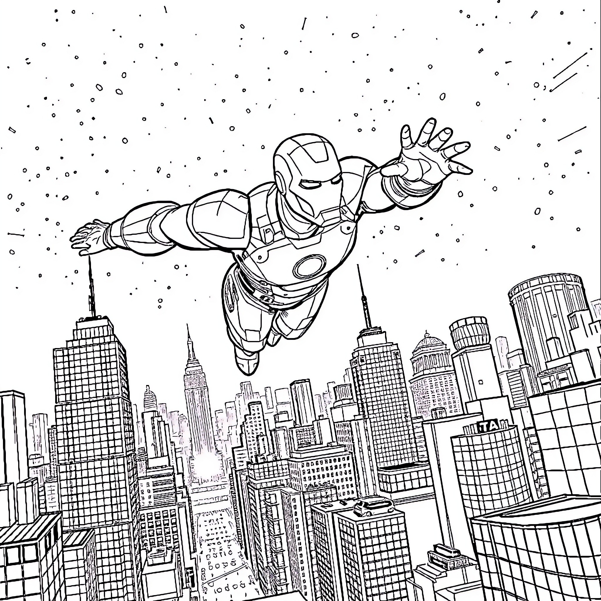 Ironman soaring through the city skyline Coloring Page (free black-and-white line drawing printable PDF for all, from beginners to advanced learners, including children, teens, adults, and seniors)