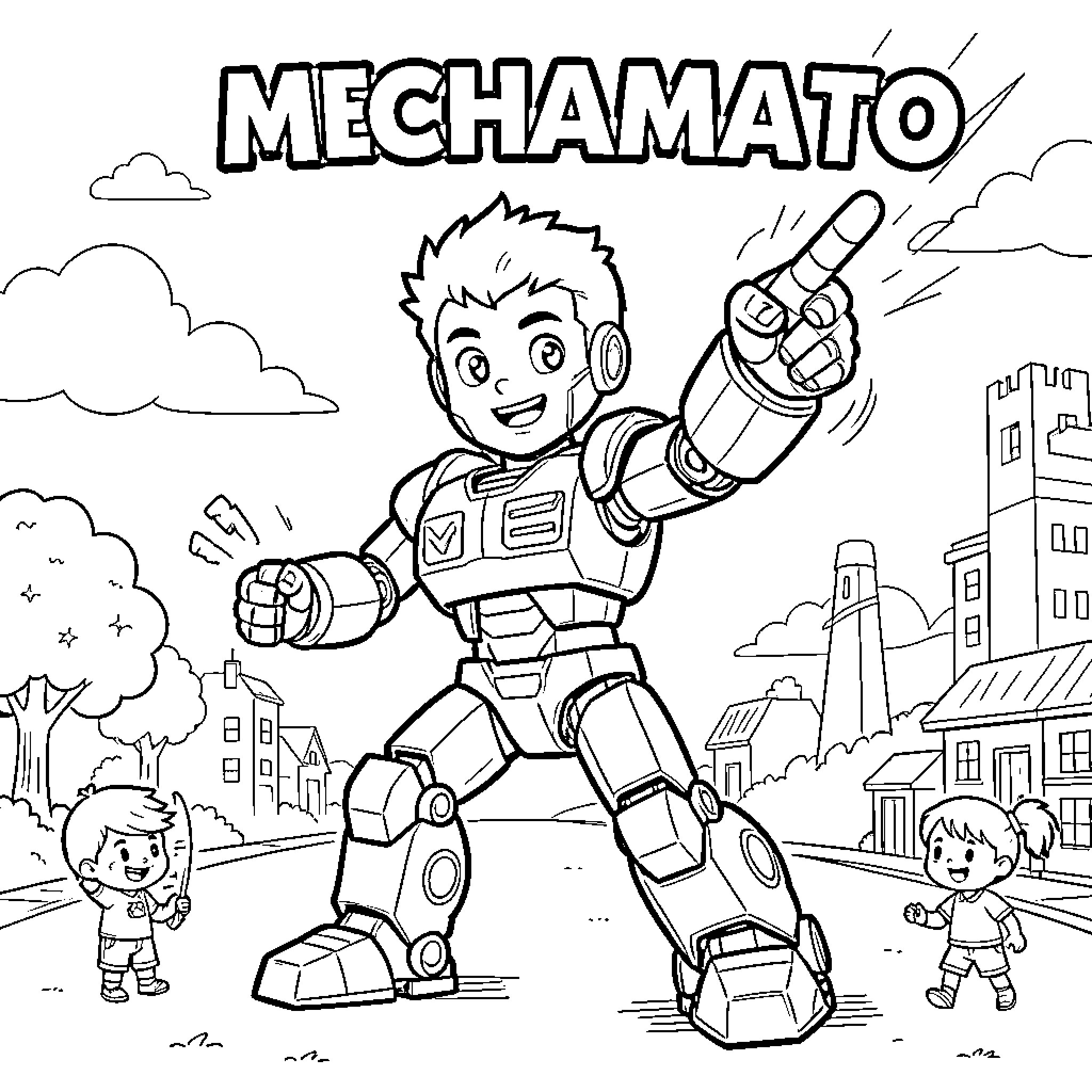 Mechamato posing heroically with friends in a village Coloring Page (free black-and-white line drawing printable PDF for all, from beginners to advanced learners, including children, teens, adults, and seniors)