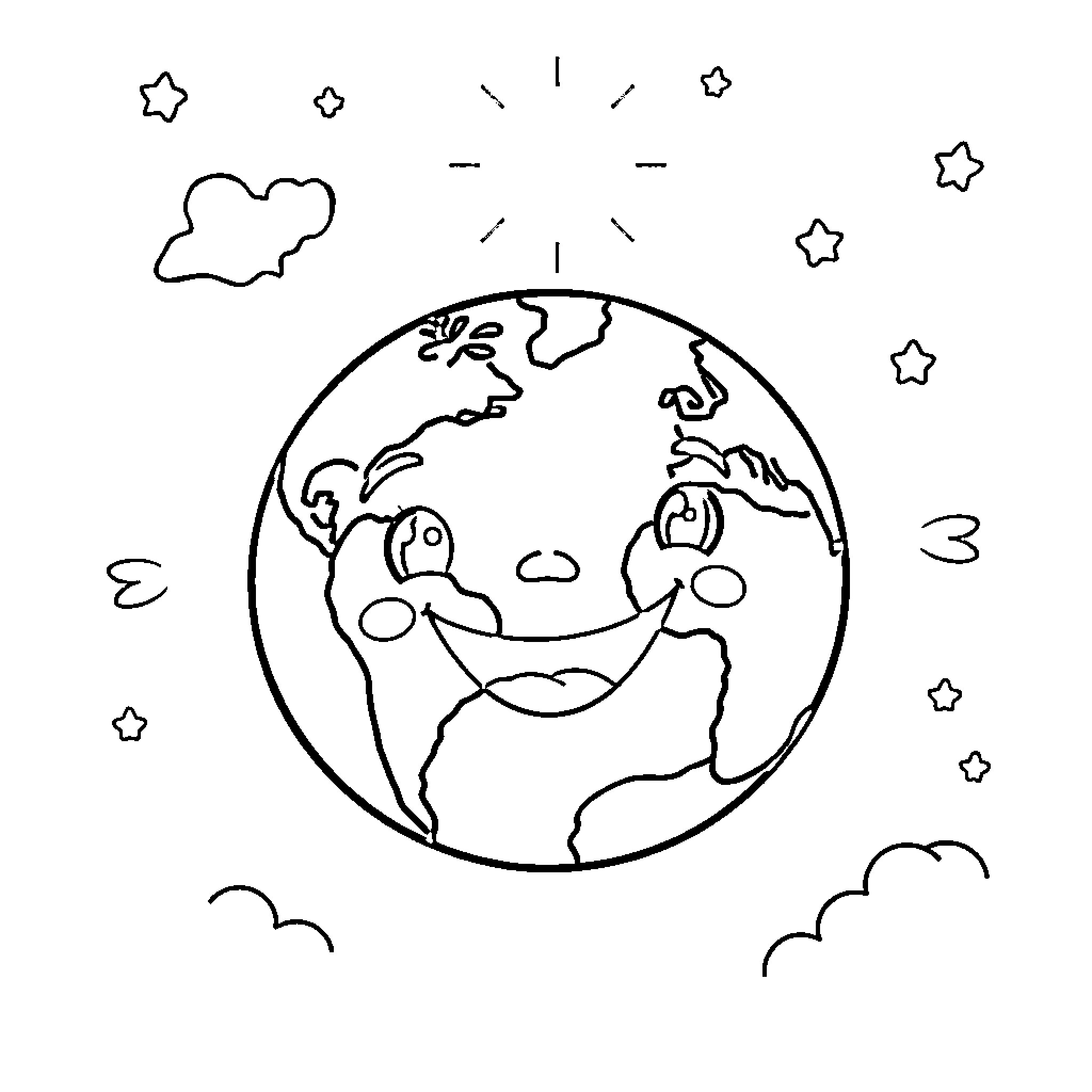 Earth smiling cheerfully with stars in the sky Coloring Page (free black-and-white line drawing printable PDF for all, from beginners to advanced learners, including children, teens, adults, and seniors)