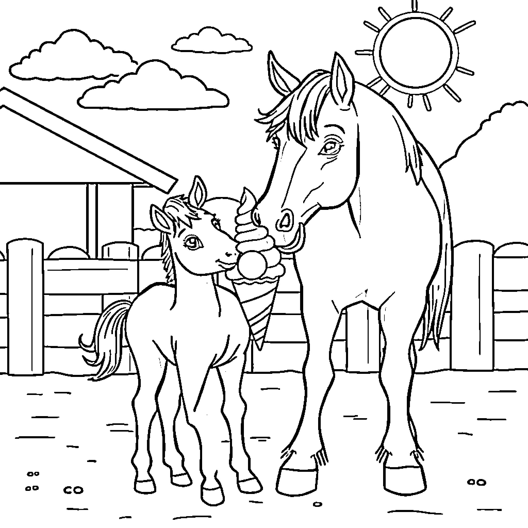 Horse and Foal at the Farm Coloring Page (free black-and-white line drawing printable PDF for all, from beginners to advanced learners, including children, teens, adults, and seniors)