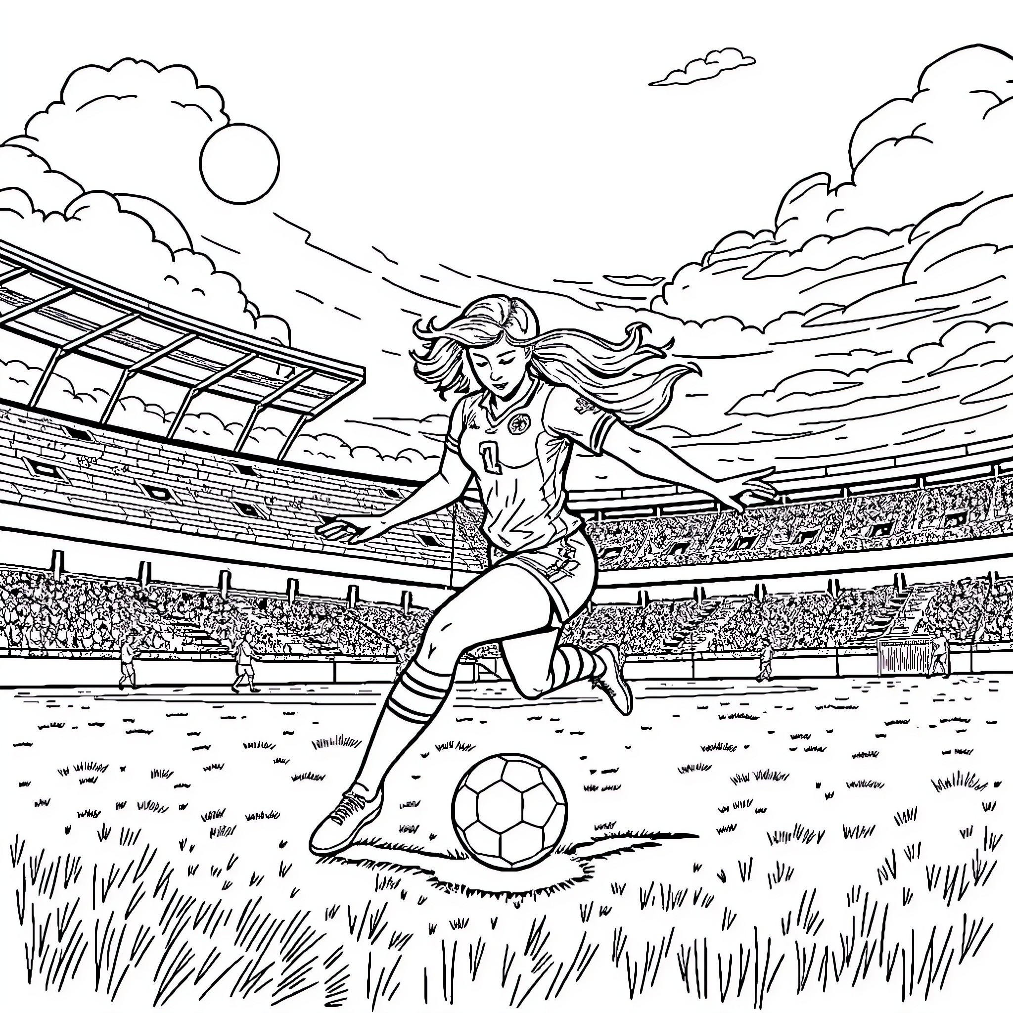Pantera Rosa playing soccer in the stadium Coloring Page (free black-and-white line drawing printable PDF for all, from beginners to advanced learners, including children, teens, adults, and seniors)