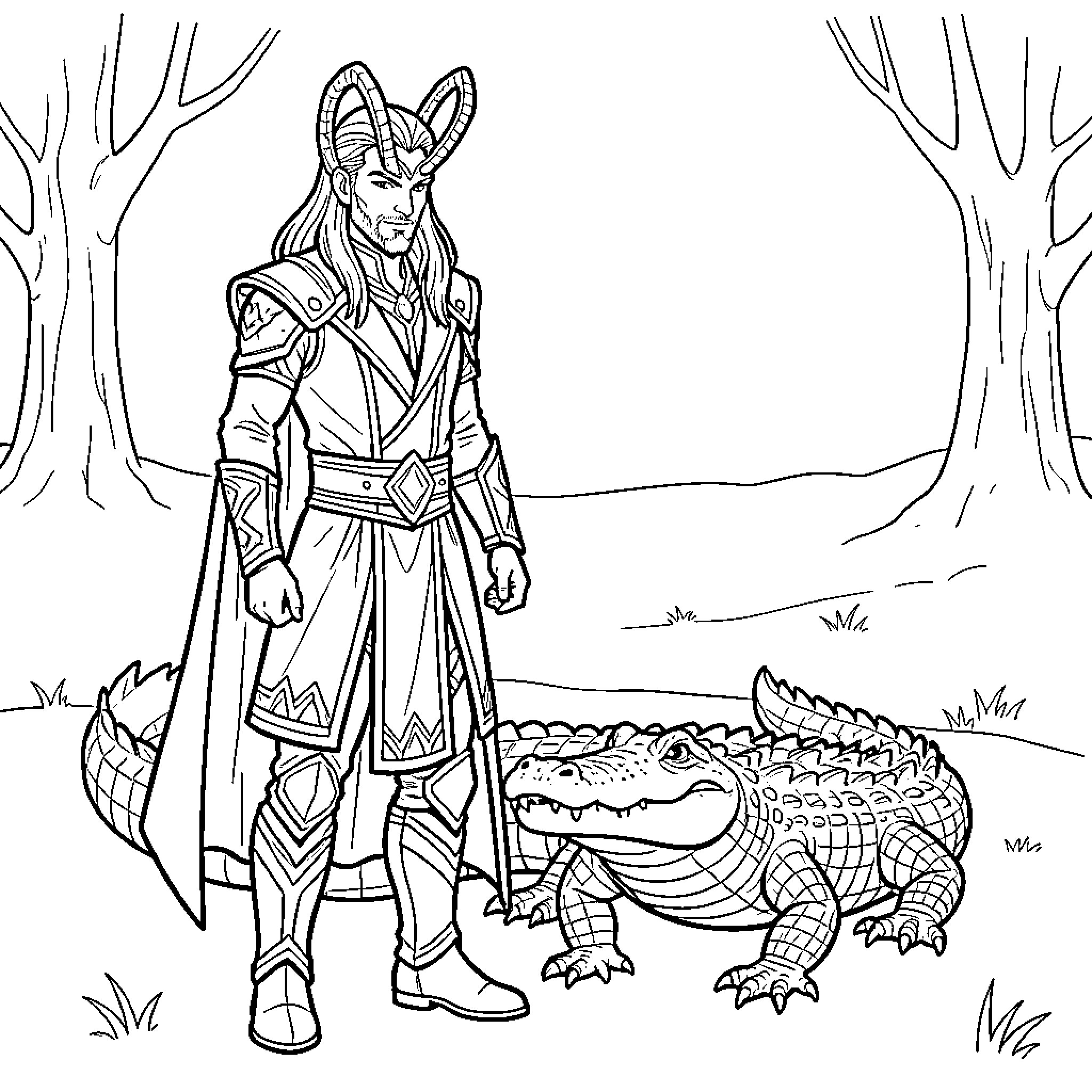 Loki standing tall beside a large crocodile Coloring Page (free black-and-white line drawing printable PDF for all, from beginners to advanced learners, including children, teens, adults, and seniors)