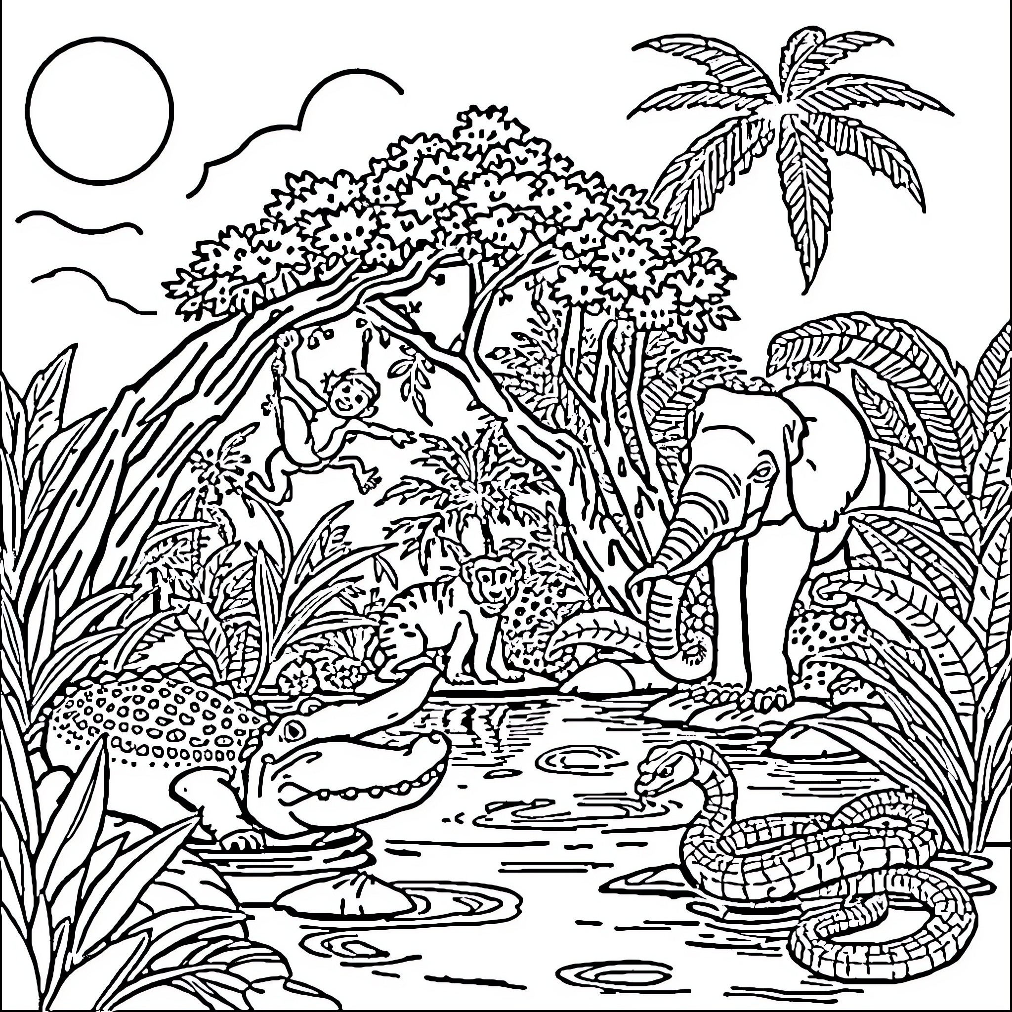 Animal scene with various tropical plants and creatures Coloring Page (free black-and-white line drawing printable PDF for all, from beginners to advanced learners, including children, teens, adults, and seniors)