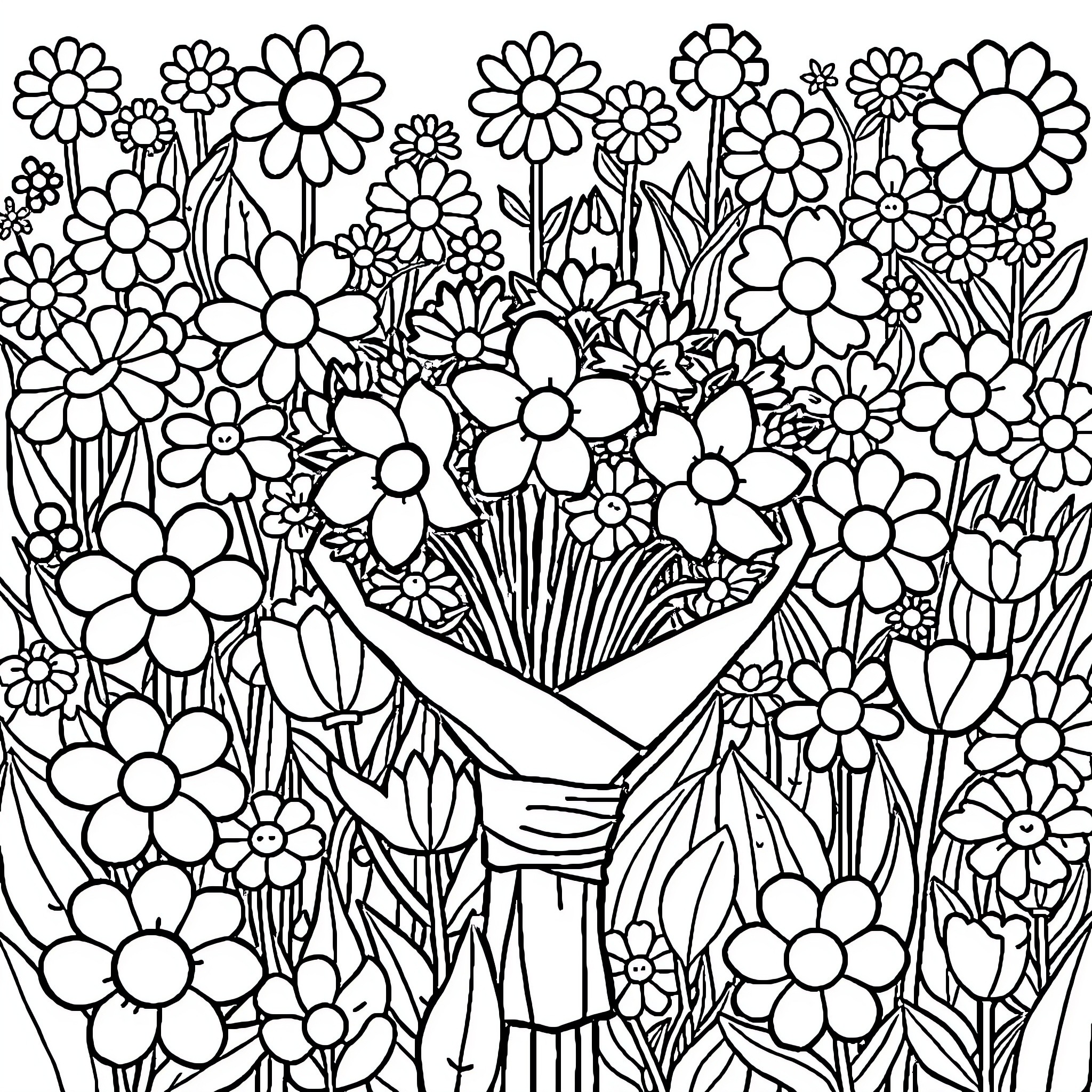 Flower garden in black and white Coloring Page (free black-and-white line drawing printable PDF for all, from beginners to advanced learners, including children, teens, adults, and seniors)