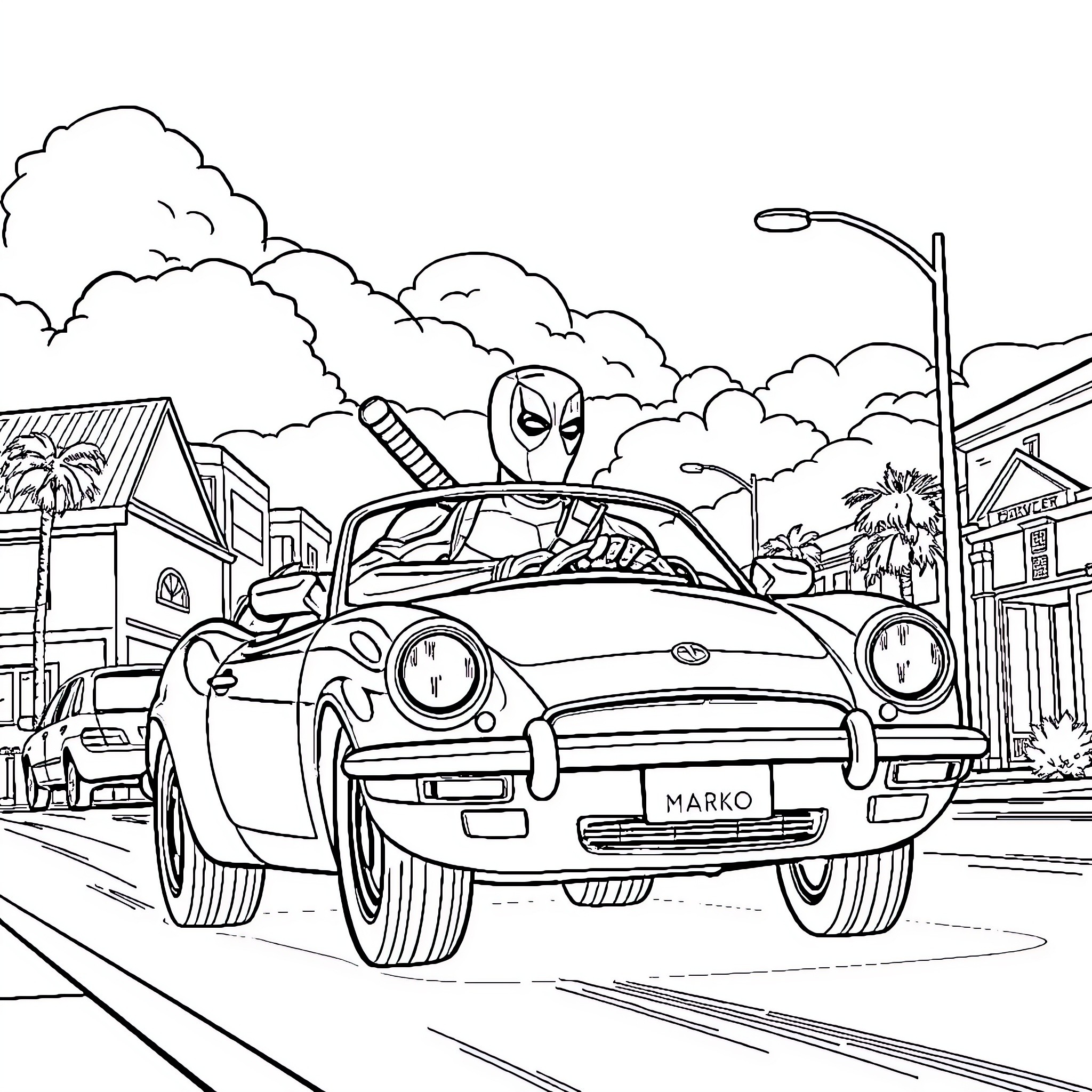 Deadpool driving a sports car through the city Coloring Page (free black-and-white line drawing printable PDF for all, from beginners to advanced learners, including children, teens, adults, and seniors)