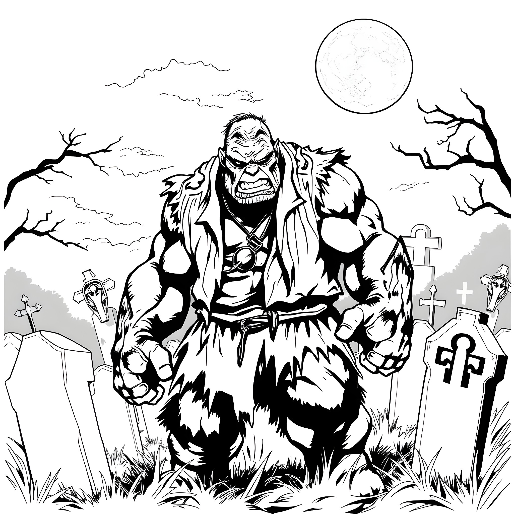 Skulk of a Monstrous Creature in Graveyard Coloring Page (free black-and-white line drawing printable PDF for all, from beginners to advanced learners, including children, teens, adults, and seniors)