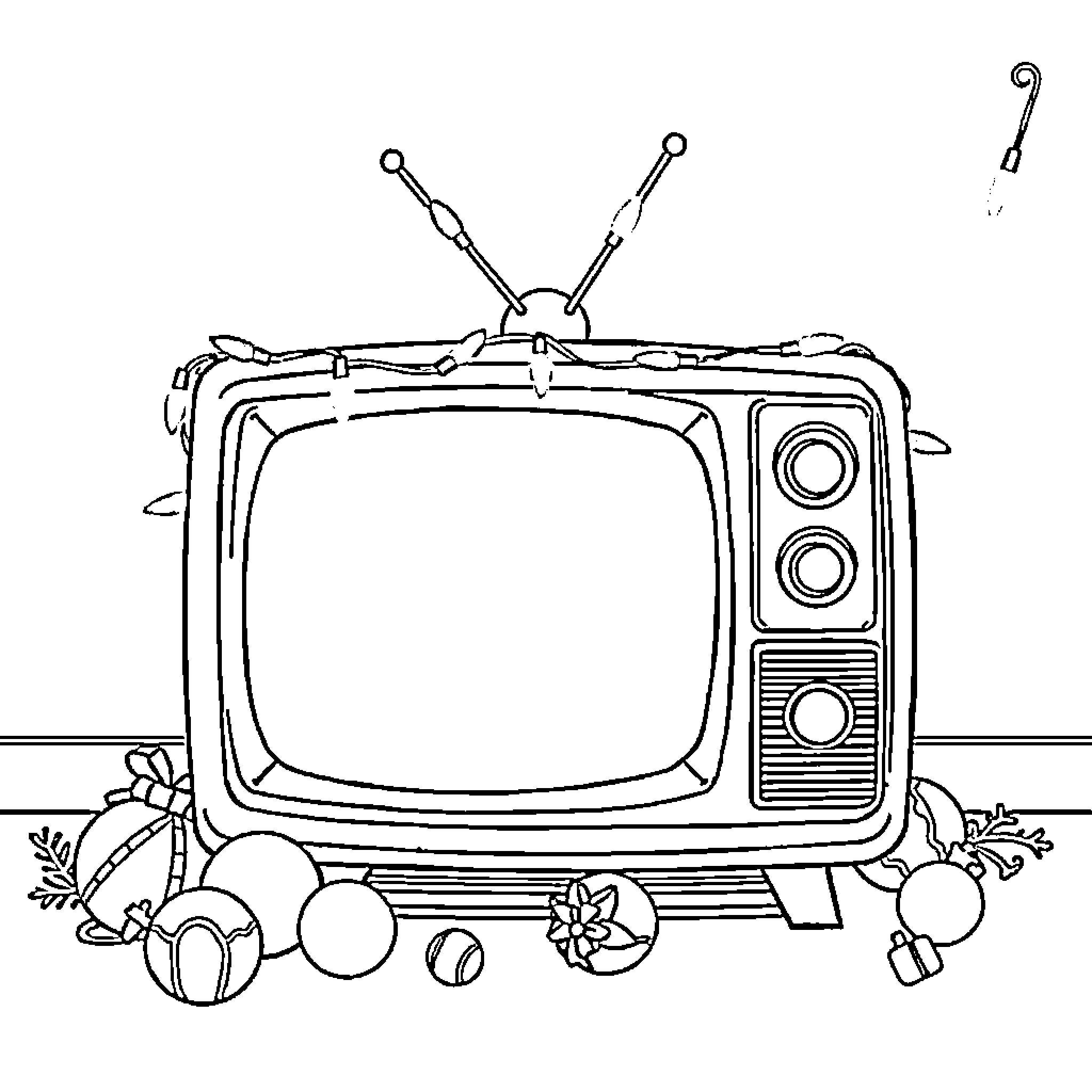 TV with Retro Design and Various Objects Coloring Page (free black-and-white line drawing printable PDF for all, from beginners to advanced learners, including children, teens, adults, and seniors)