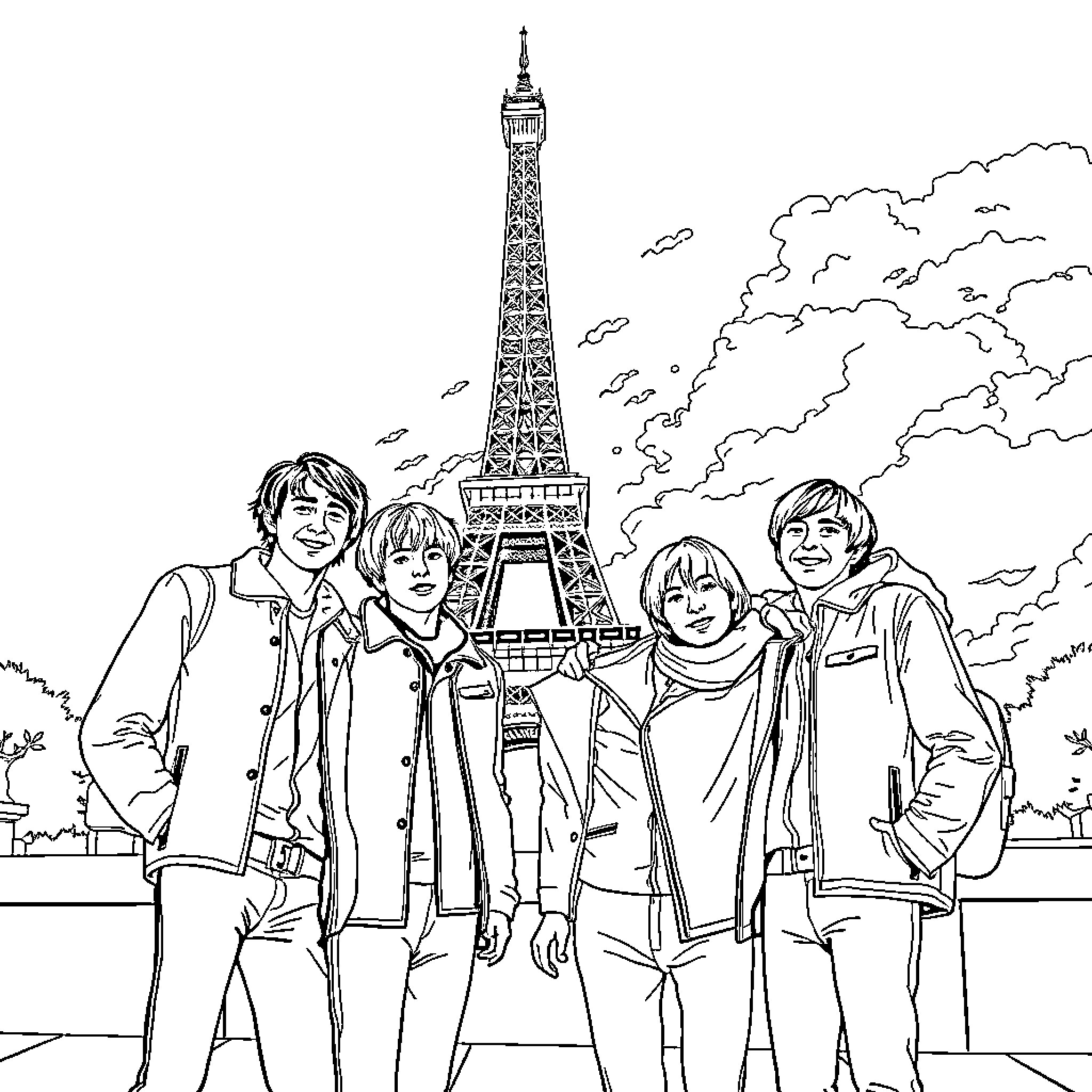 BTS Enjoying a Sightseeing Trip in Paris Coloring Page (free black-and-white line drawing printable PDF for all, from beginners to advanced learners, including children, teens, adults, and seniors)