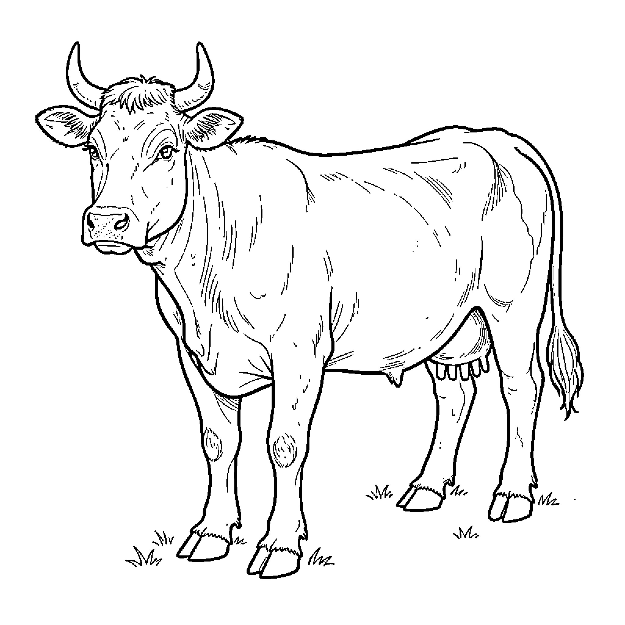 Woman drawing a detailed cow in black and white Coloring Page (free black-and-white line drawing printable PDF for all, from beginners to advanced learners, including children, teens, adults, and seniors)