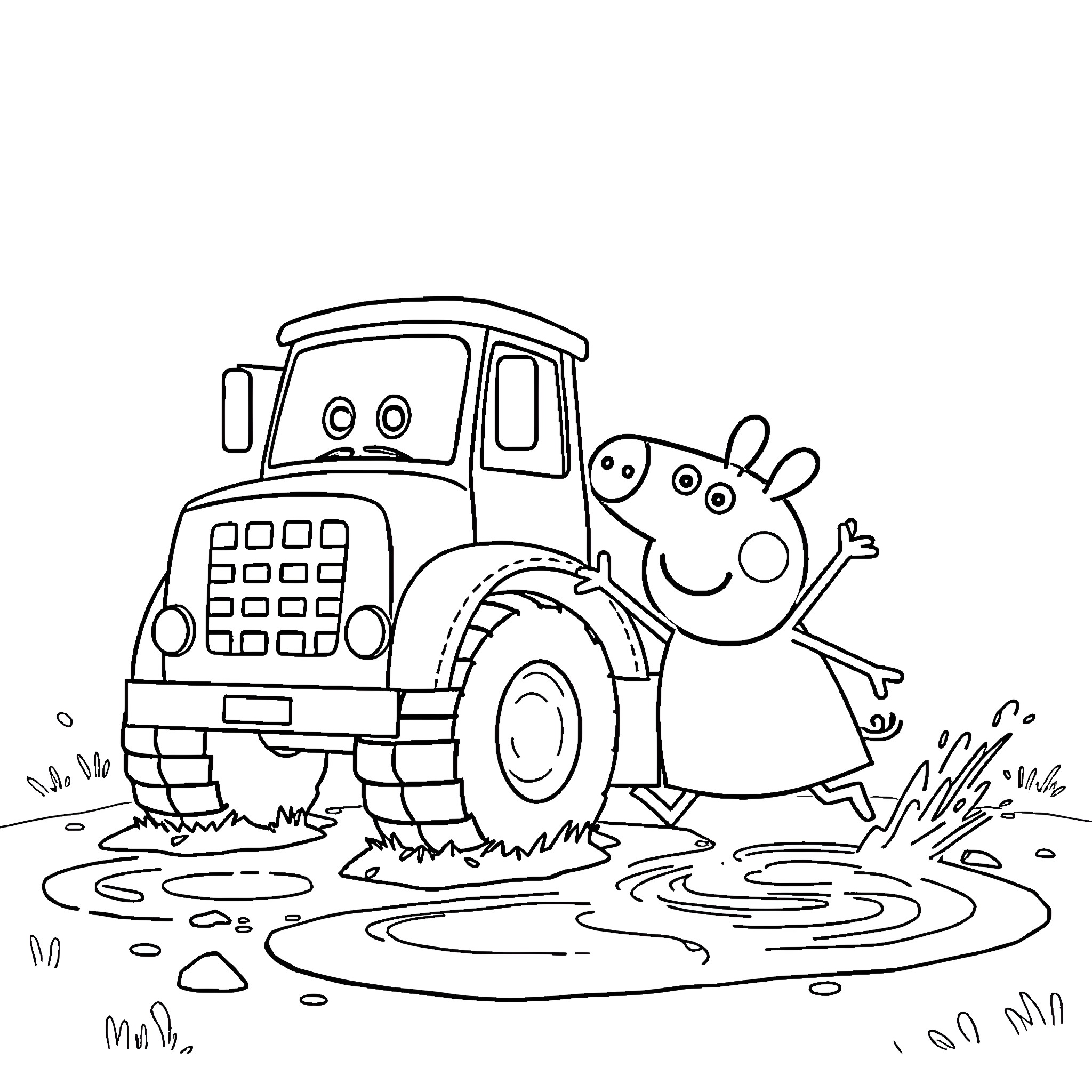 Truck with Playful Characters in Muddy Puddle Coloring Page (free black-and-white line drawing printable PDF for all, from beginners to advanced learners, including children, teens, adults, and seniors)
