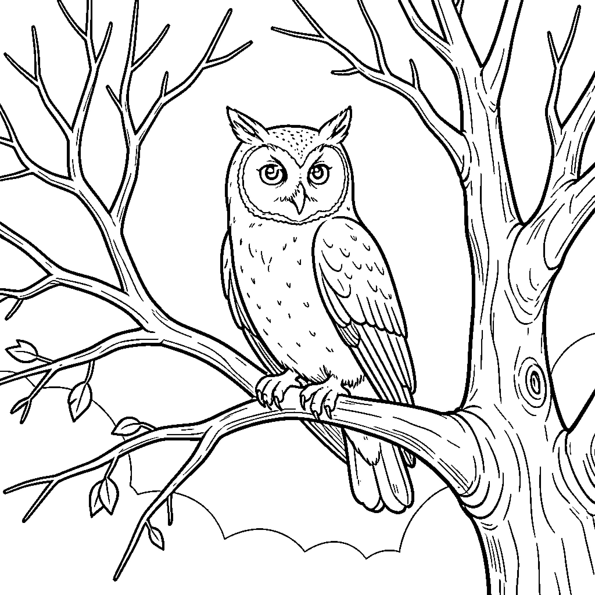 Owl perched on a tree branch in a winter landscape Coloring Page (free black-and-white line drawing printable PDF for all, from beginners to advanced learners, including children, teens, adults, and seniors)
