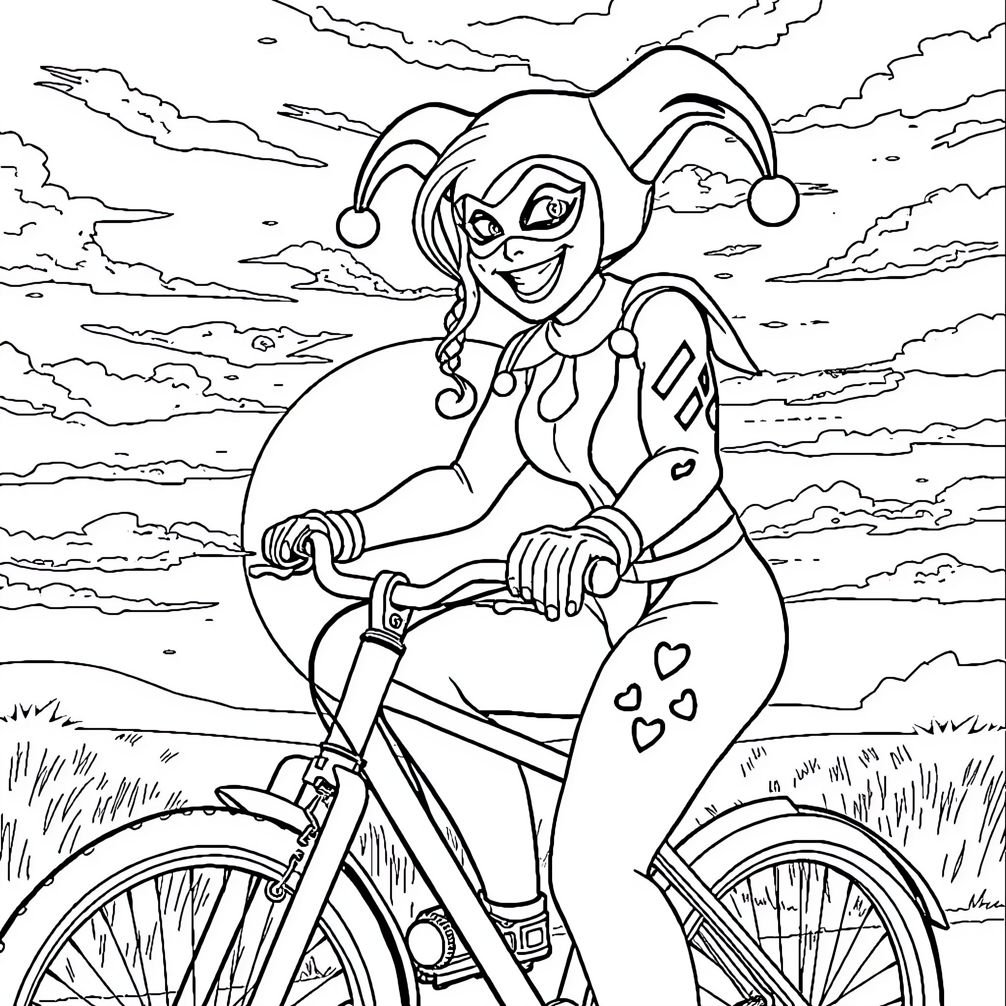 Harley Quinn enjoying a bike ride through the countryside Coloring Page (free black-and-white line drawing printable PDF for all, from beginners to advanced learners, including children, teens, adults, and seniors)