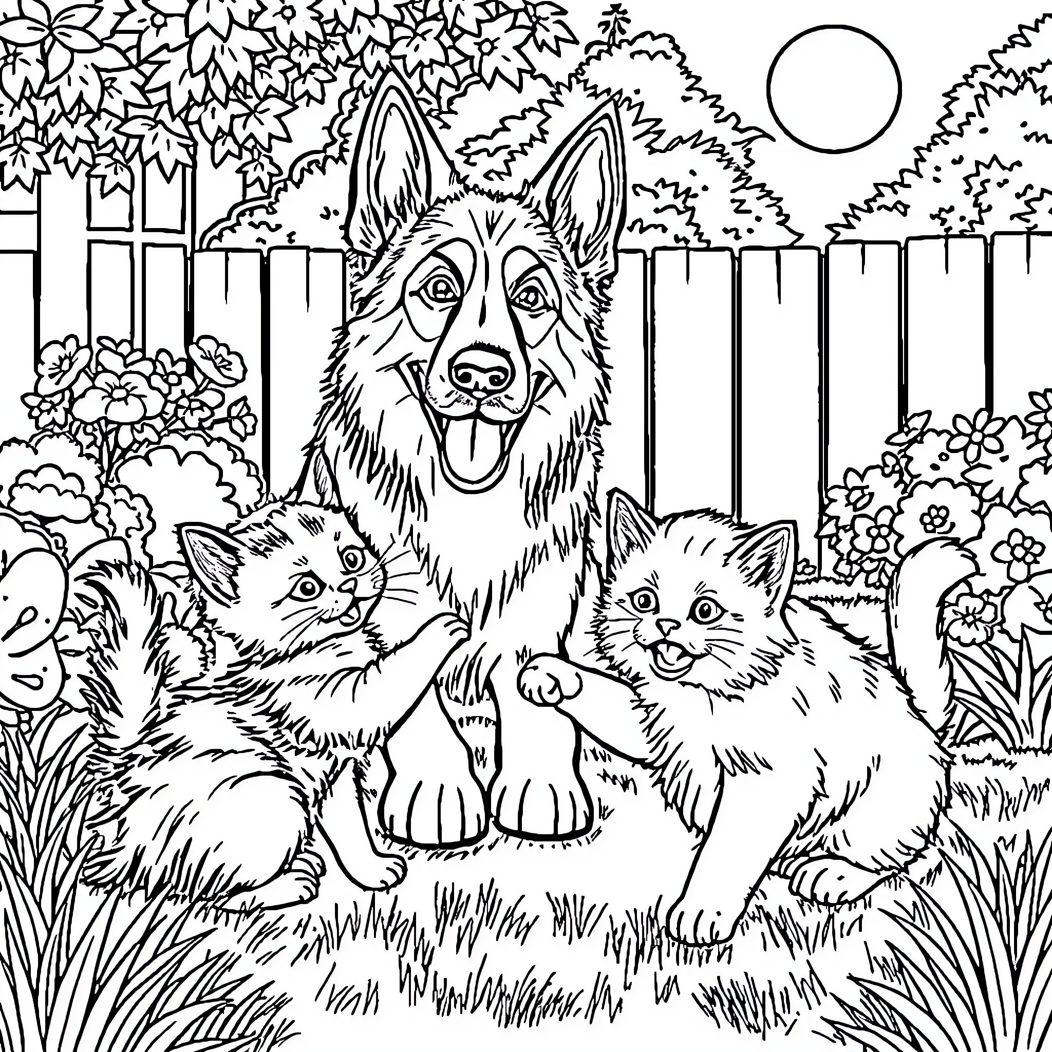 Kitty and Friends Enjoying the Outdoors Coloring Page (free black-and-white line drawing printable PDF for all, from beginners to advanced learners, including children, teens, adults, and seniors)