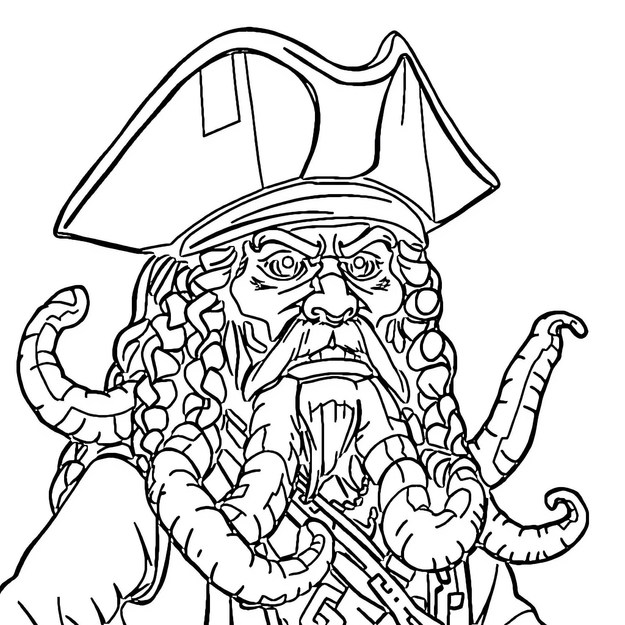 Davy Jones in pirate costume gesturing with expressive face Coloring Page (free black-and-white line drawing printable PDF for all, from beginners to advanced learners, including children, teens, adults, and seniors)