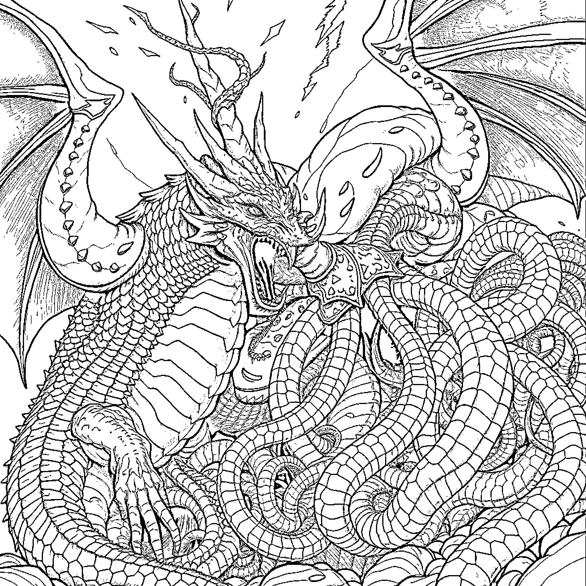 Dragon in Fierce Defensive Pose Coloring Page (free black-and-white line drawing printable PDF for all, from beginners to advanced learners, including children, teens, adults, and seniors)