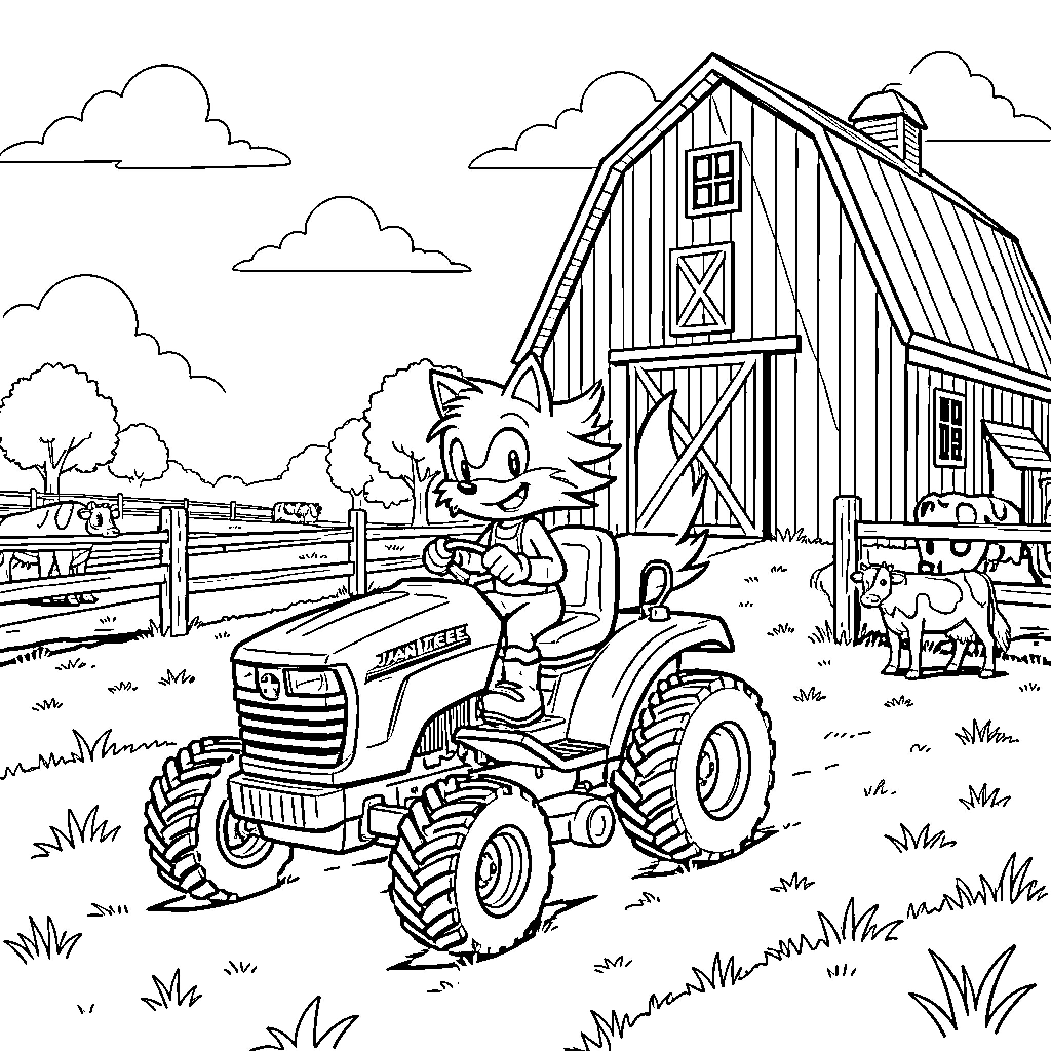 Tails on a tractor at the farm Coloring Page (free black-and-white line drawing printable PDF for all, from beginners to advanced learners, including children, teens, adults, and seniors)