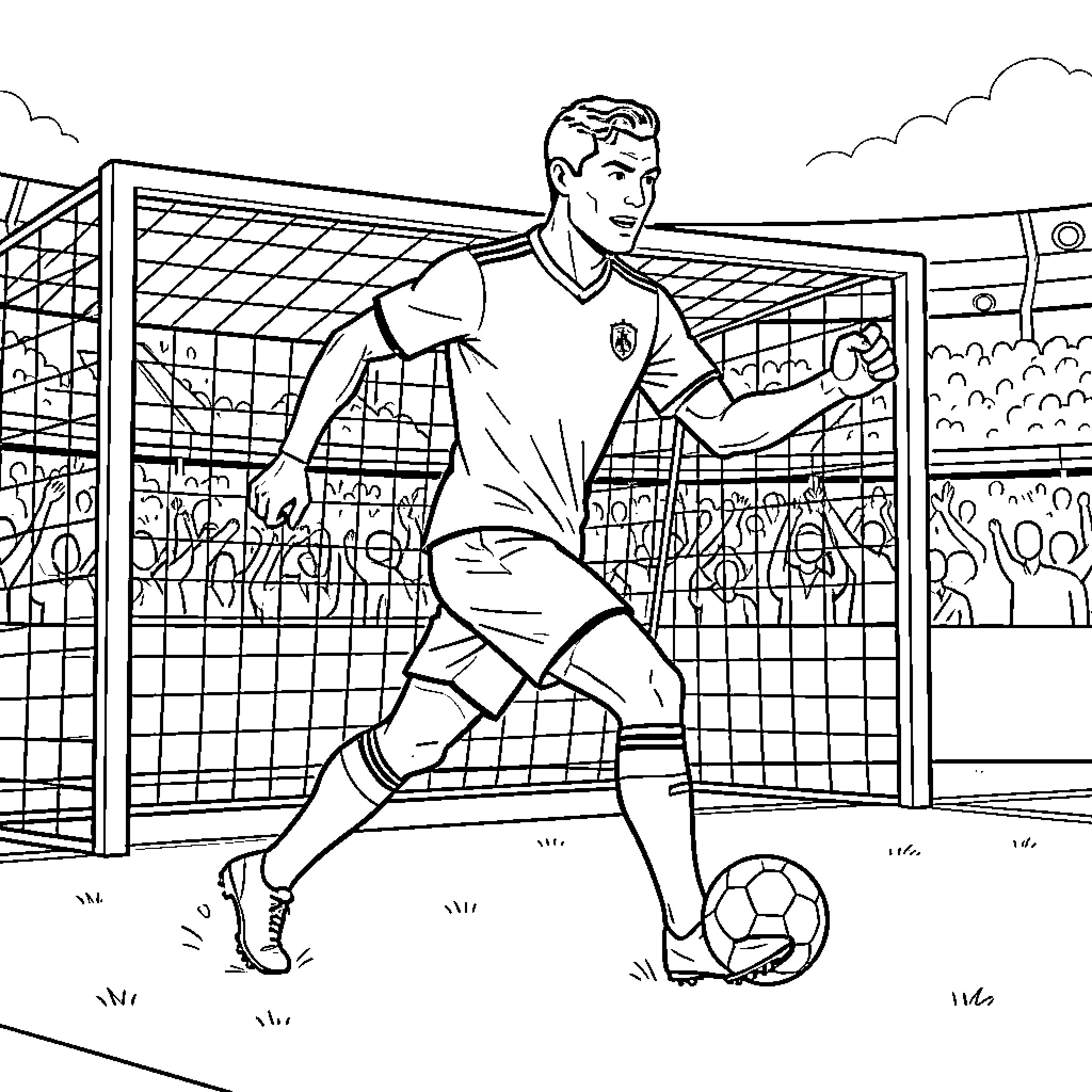 Ronaldo kicking a soccer ball during a match Coloring Page (free black-and-white line drawing printable PDF for all, from beginners to advanced learners, including children, teens, adults, and seniors)