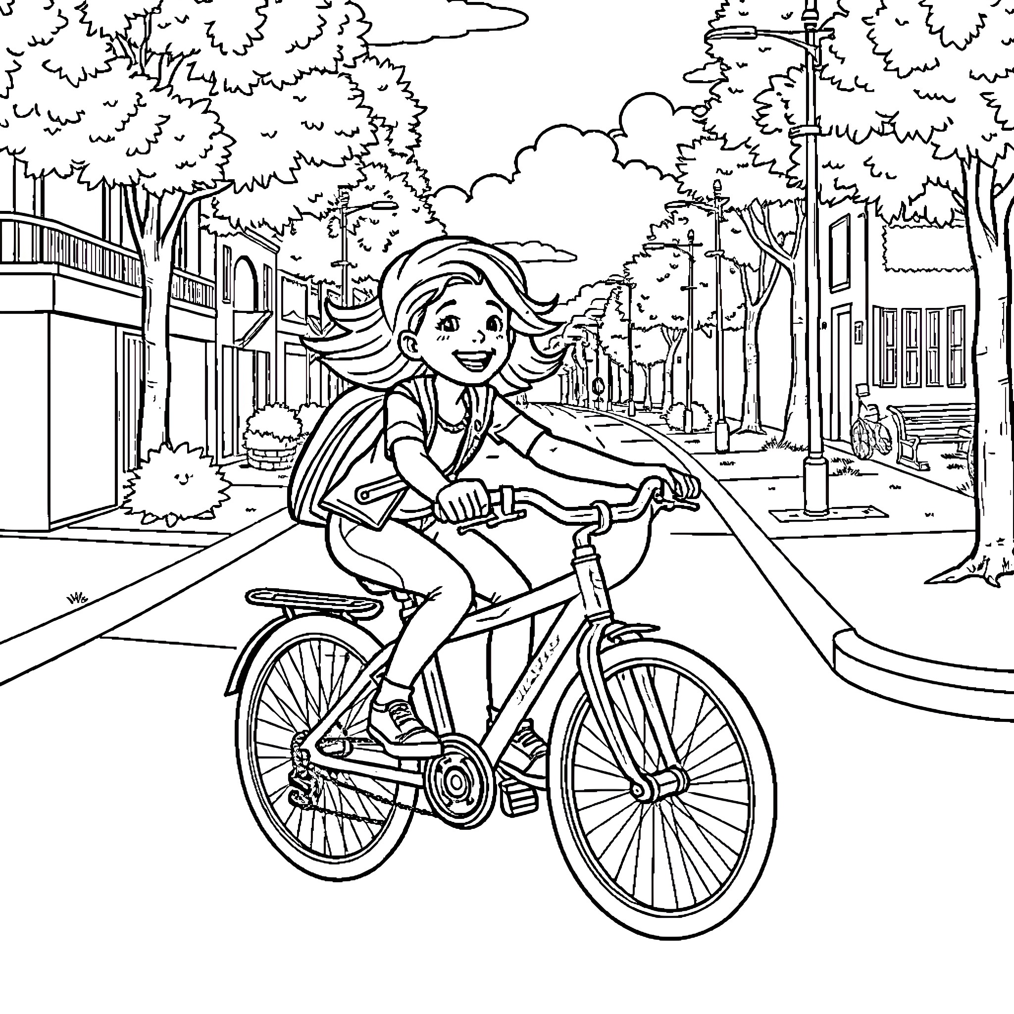 Bike ride through the park Coloring Page (free black-and-white line drawing printable PDF for all, from beginners to advanced learners, including children, teens, adults, and seniors)