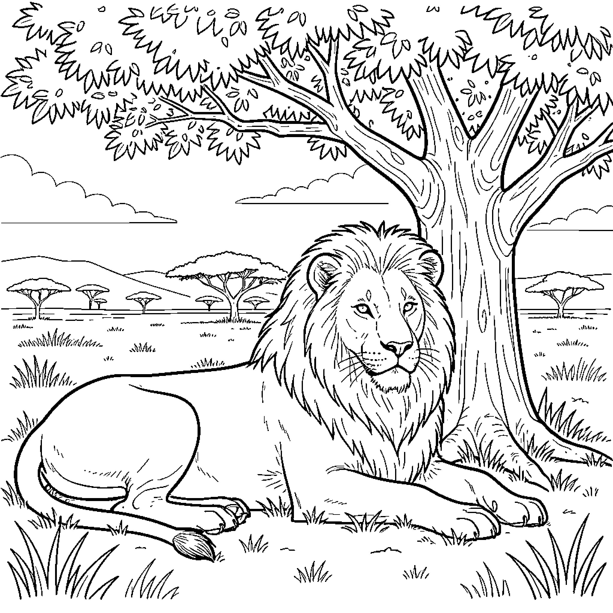 Lion resting under a tree in the savanna Coloring Page (free black-and-white line drawing printable PDF for all, from beginners to advanced learners, including children, teens, adults, and seniors)