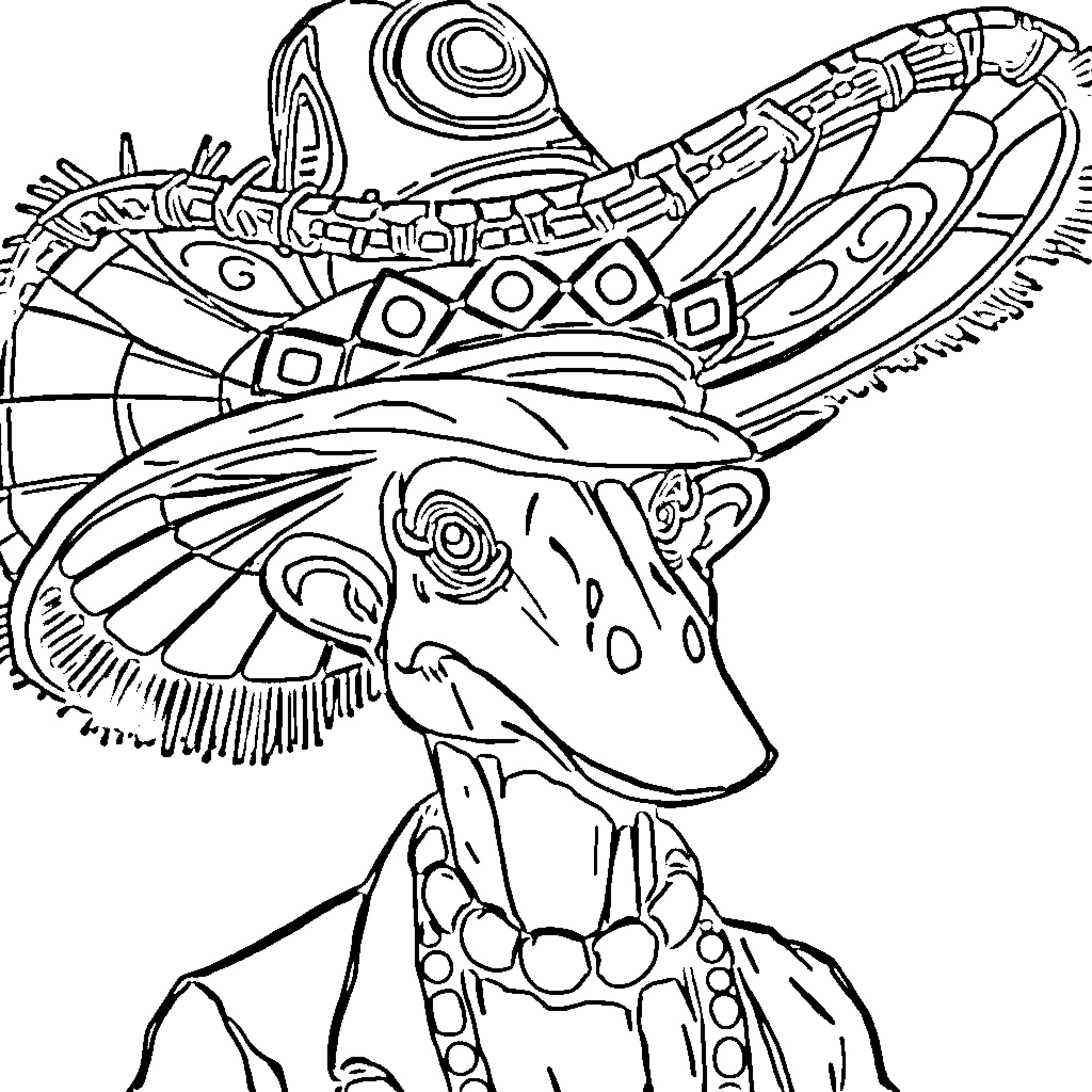 Don Cangrejo showcasing his intricate costume Coloring Page (free black-and-white line drawing printable PDF for all, from beginners to advanced learners, including children, teens, adults, and seniors)