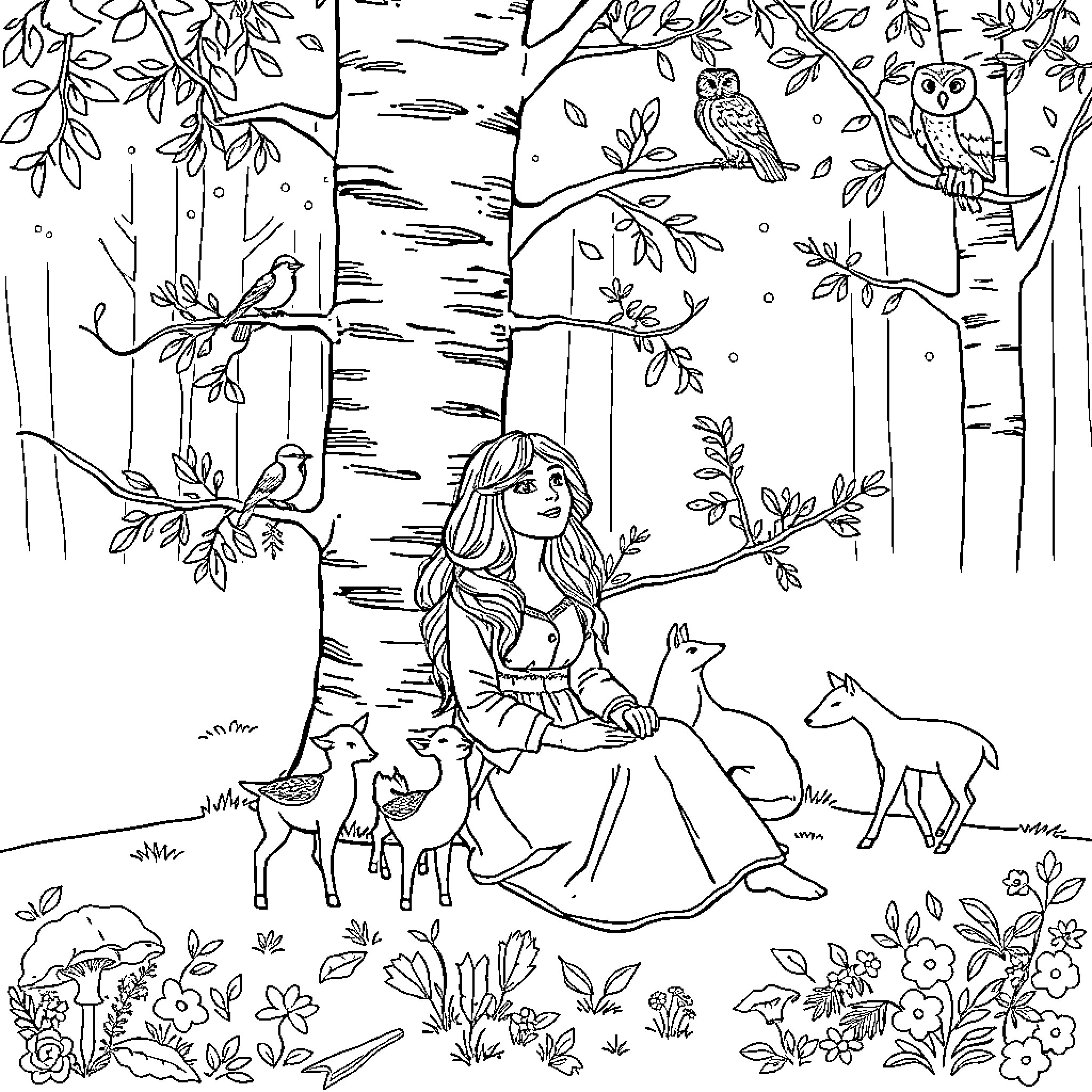 Lady Enchanted by the Forest's Beauty Coloring Page (free black-and-white line drawing printable PDF for all, from beginners to advanced learners, including children, teens, adults, and seniors)