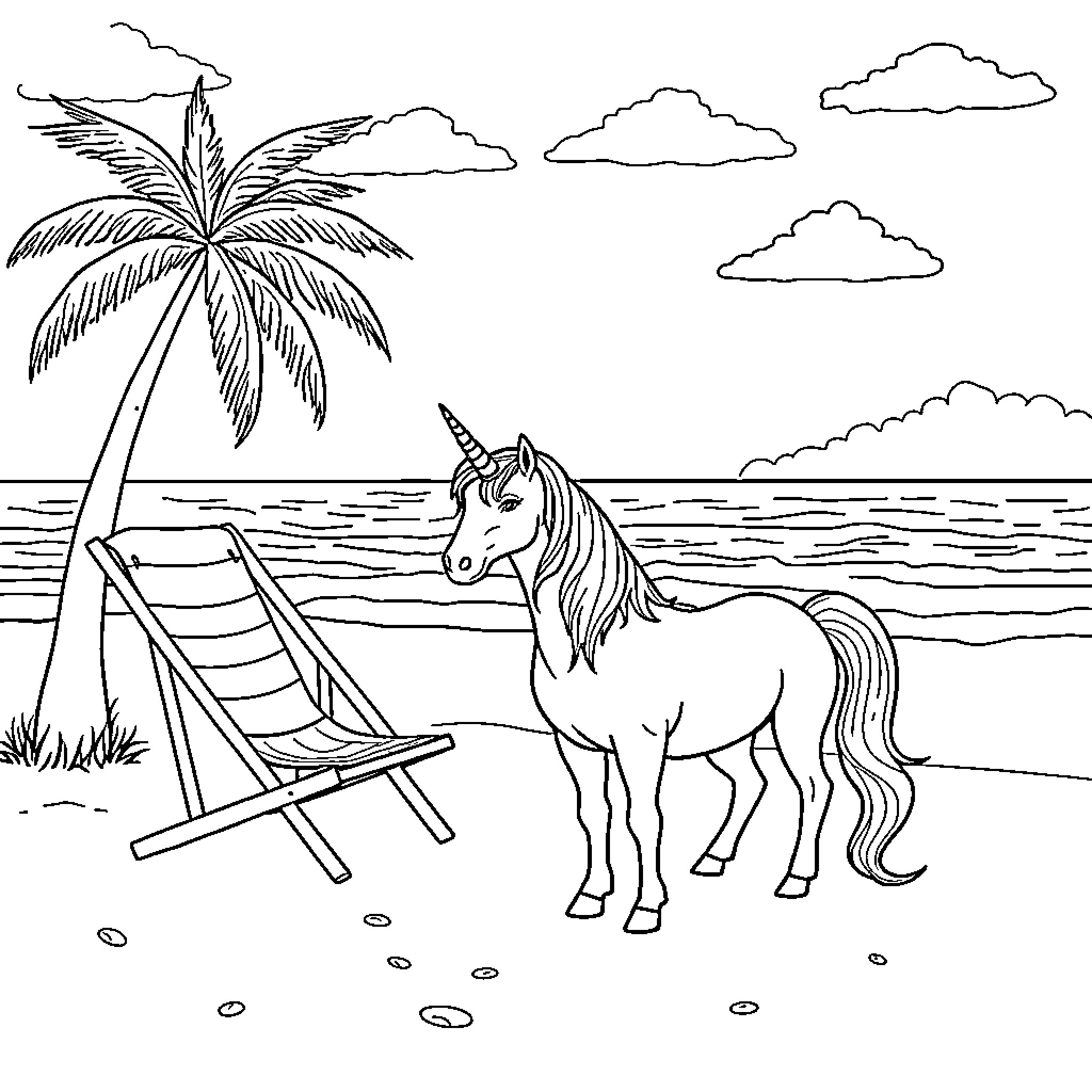 Unicorn relaxing on a tropical beach Coloring Page (free black-and-white line drawing printable PDF for all, from beginners to advanced learners, including children, teens, adults, and seniors)