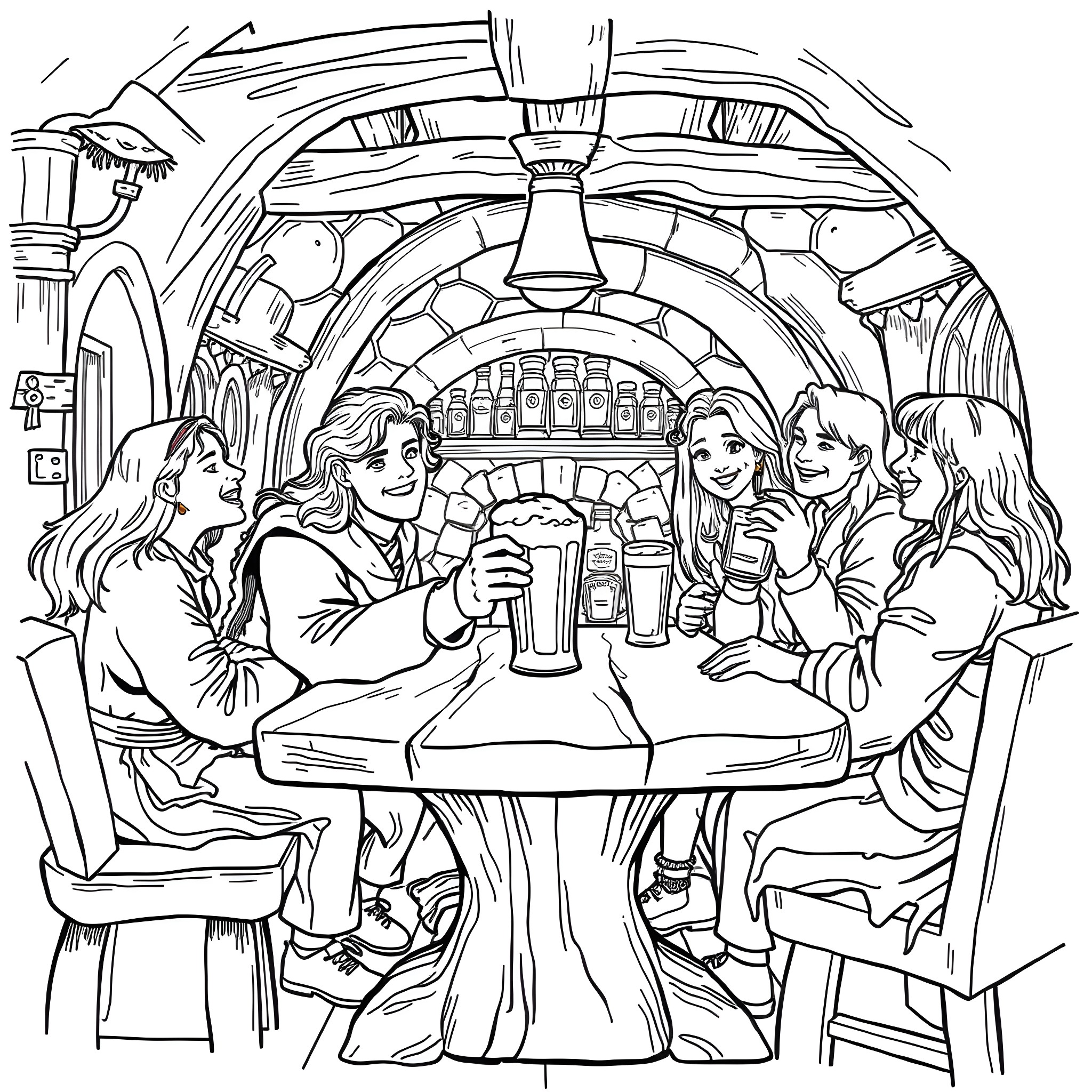 Frodo and friends enjoying drinks at the local pub Coloring Page (free black-and-white line drawing printable PDF for all, from beginners to advanced learners, including children, teens, adults, and seniors)