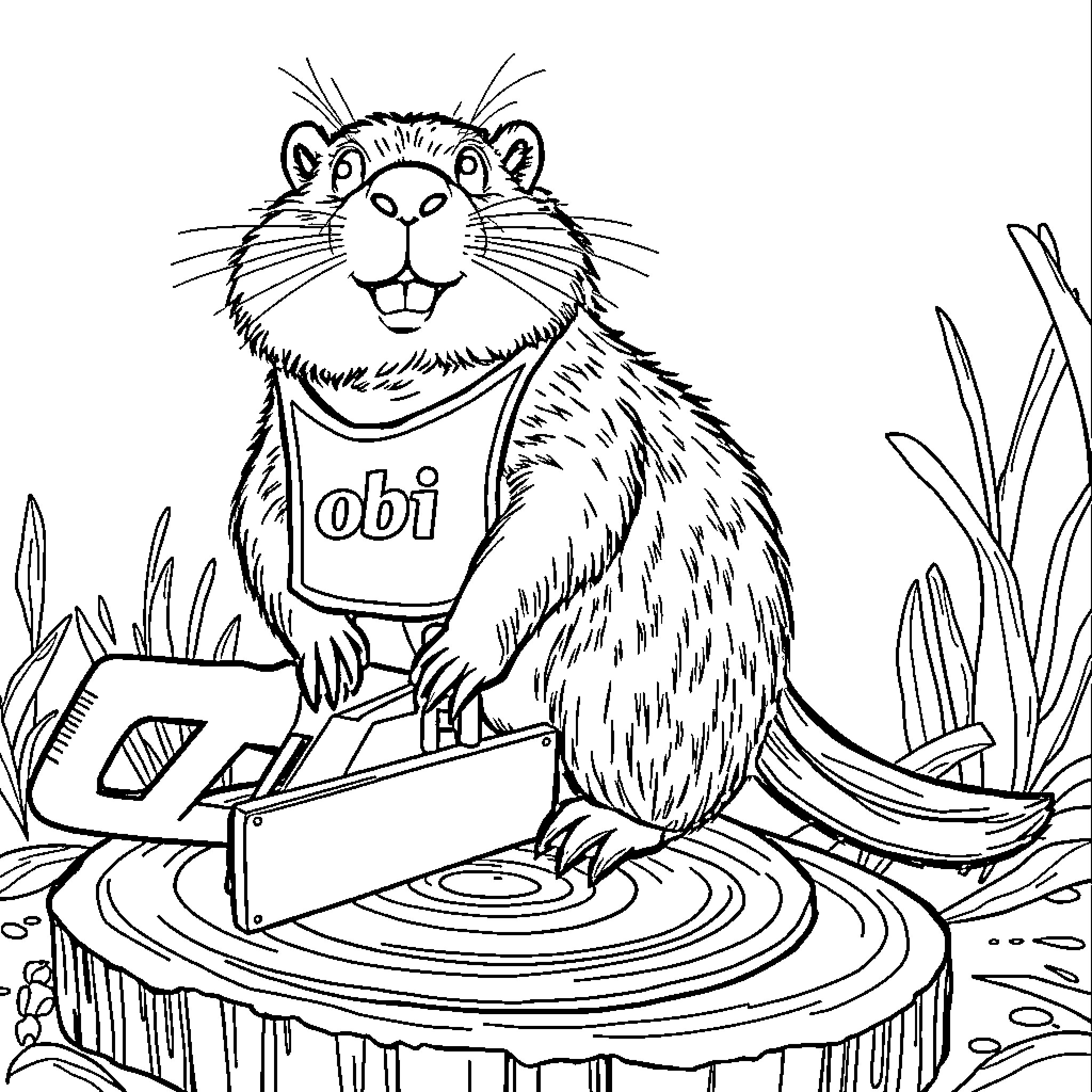Beaver enjoying outdoor activities with Obi Coloring Page (free black-and-white line drawing printable PDF for all, from beginners to advanced learners, including children, teens, adults, and seniors)