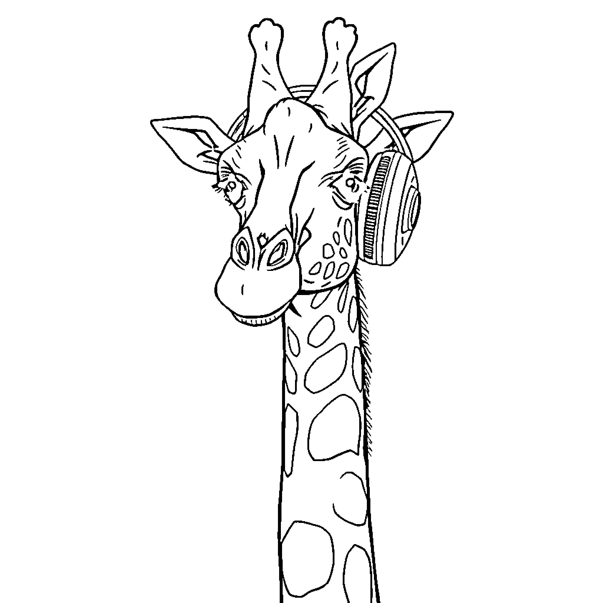 Giraffe wearing headphones and looking curious Coloring Page (free black-and-white line drawing printable PDF for all, from beginners to advanced learners, including children, teens, adults, and seniors)