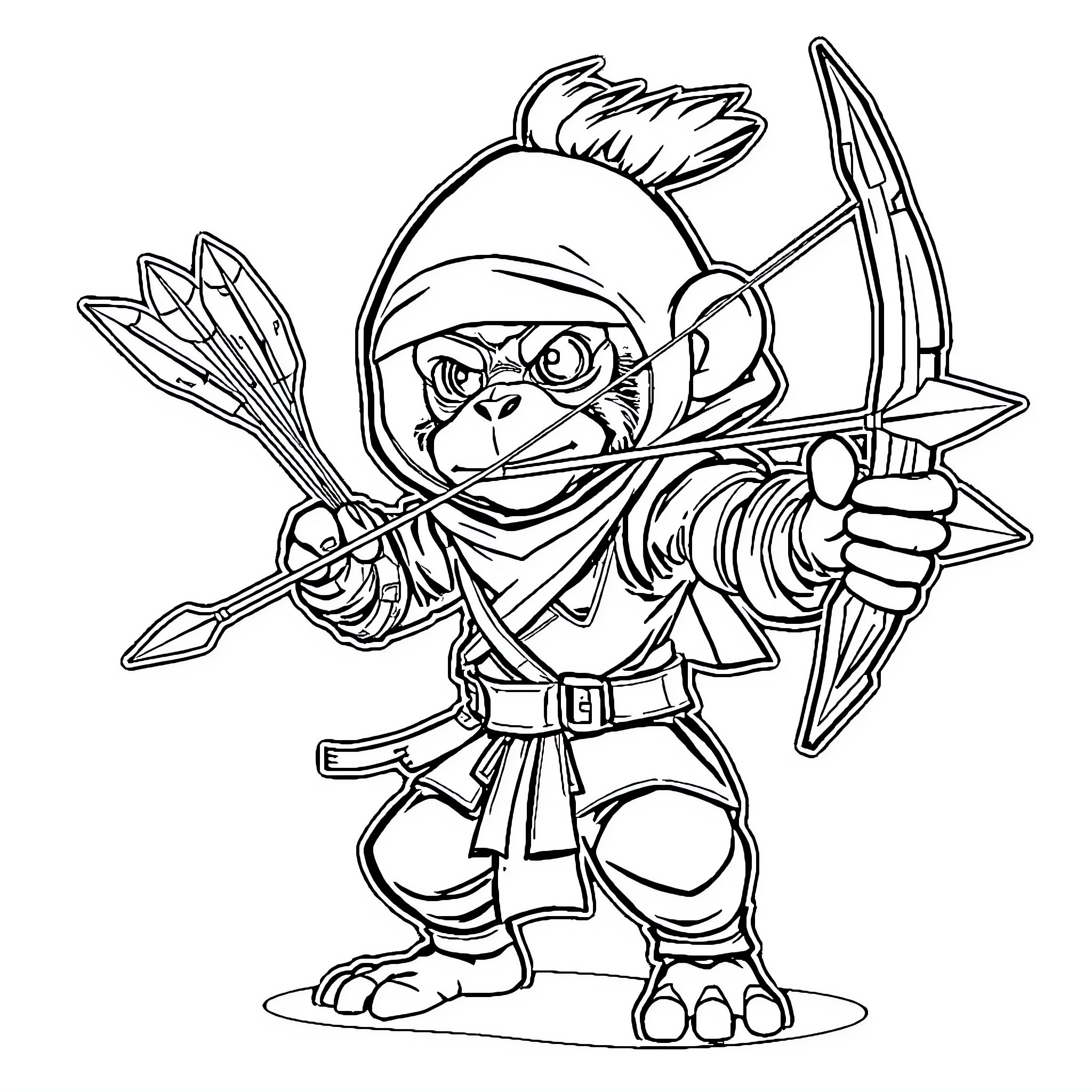 Monkey ninja warrior with bow and arrow Coloring Page (free black-and-white line drawing printable PDF for all, from beginners to advanced learners, including children, teens, adults, and seniors)