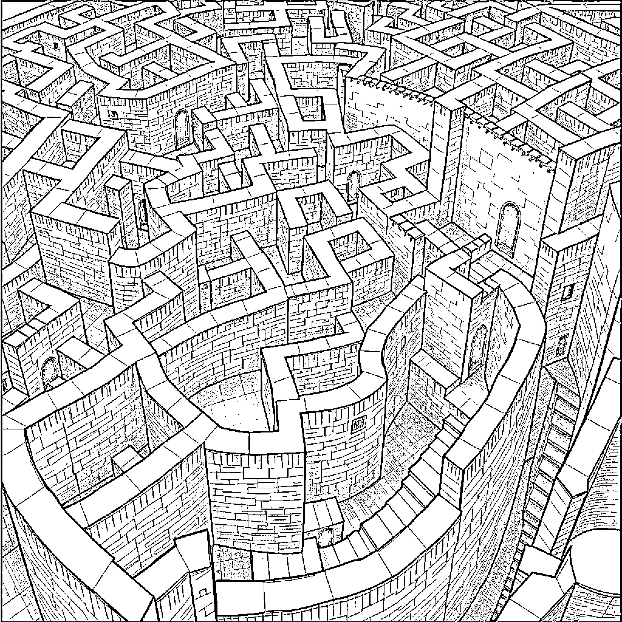 Maze of intricate architectural structures Coloring Page (free black-and-white line drawing printable PDF for all, from beginners to advanced learners, including children, teens, adults, and seniors)