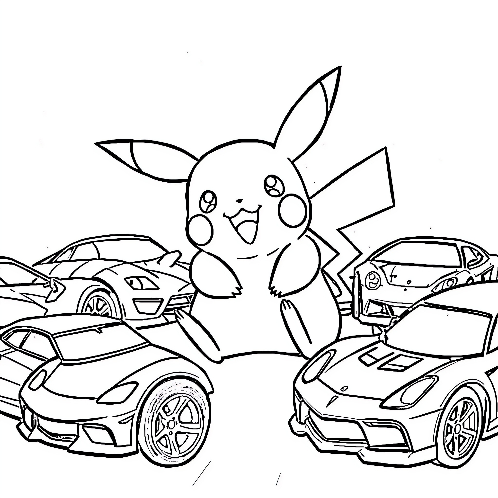 Pikachu's Playful Encounter with Sporty Vehicles Coloring Page (free black-and-white line drawing printable PDF for all, from beginners to advanced learners, including children, teens, adults, and seniors)