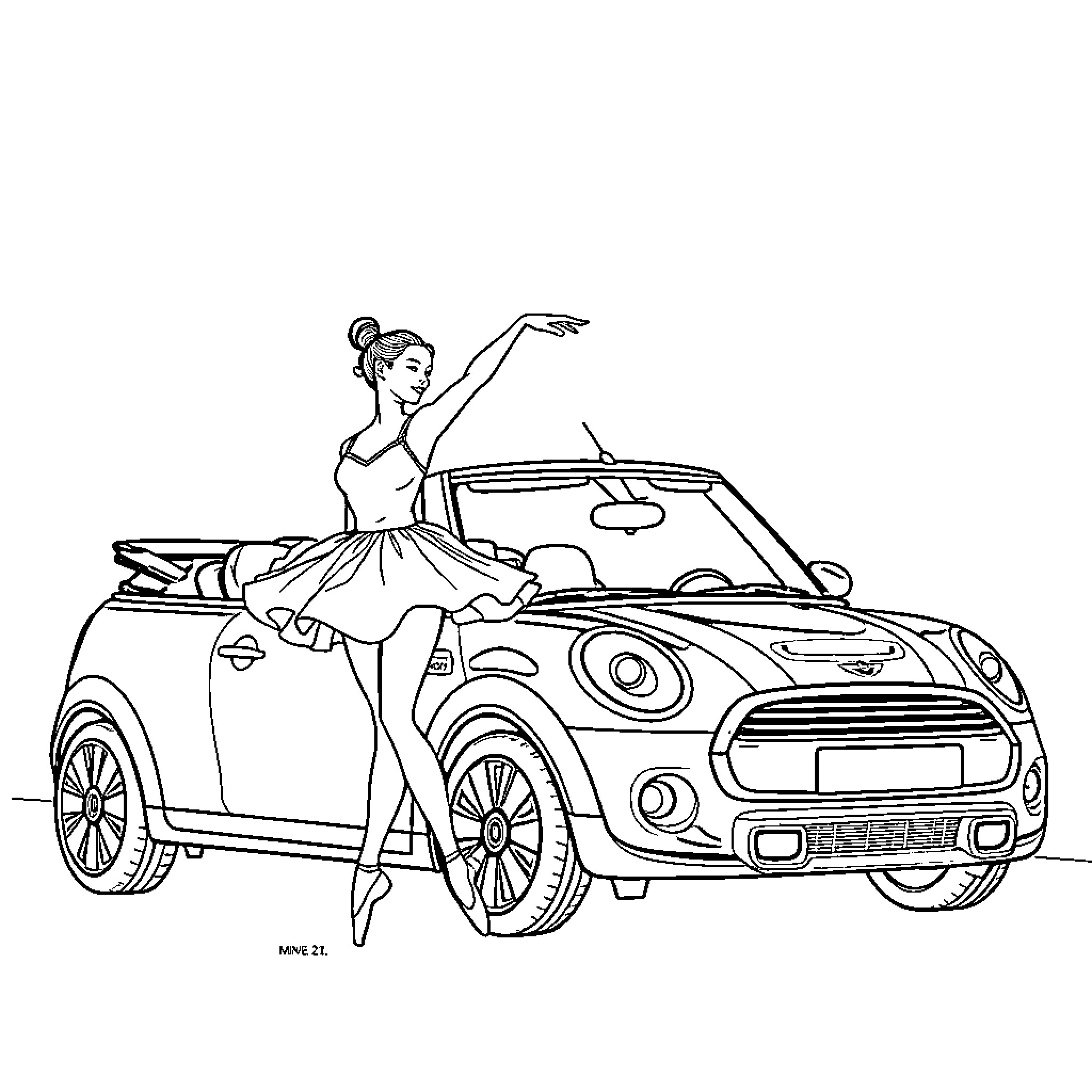 Ballerina posing gracefully by convertible car Coloring Page (free black-and-white line drawing printable PDF for all, from beginners to advanced learners, including children, teens, adults, and seniors)