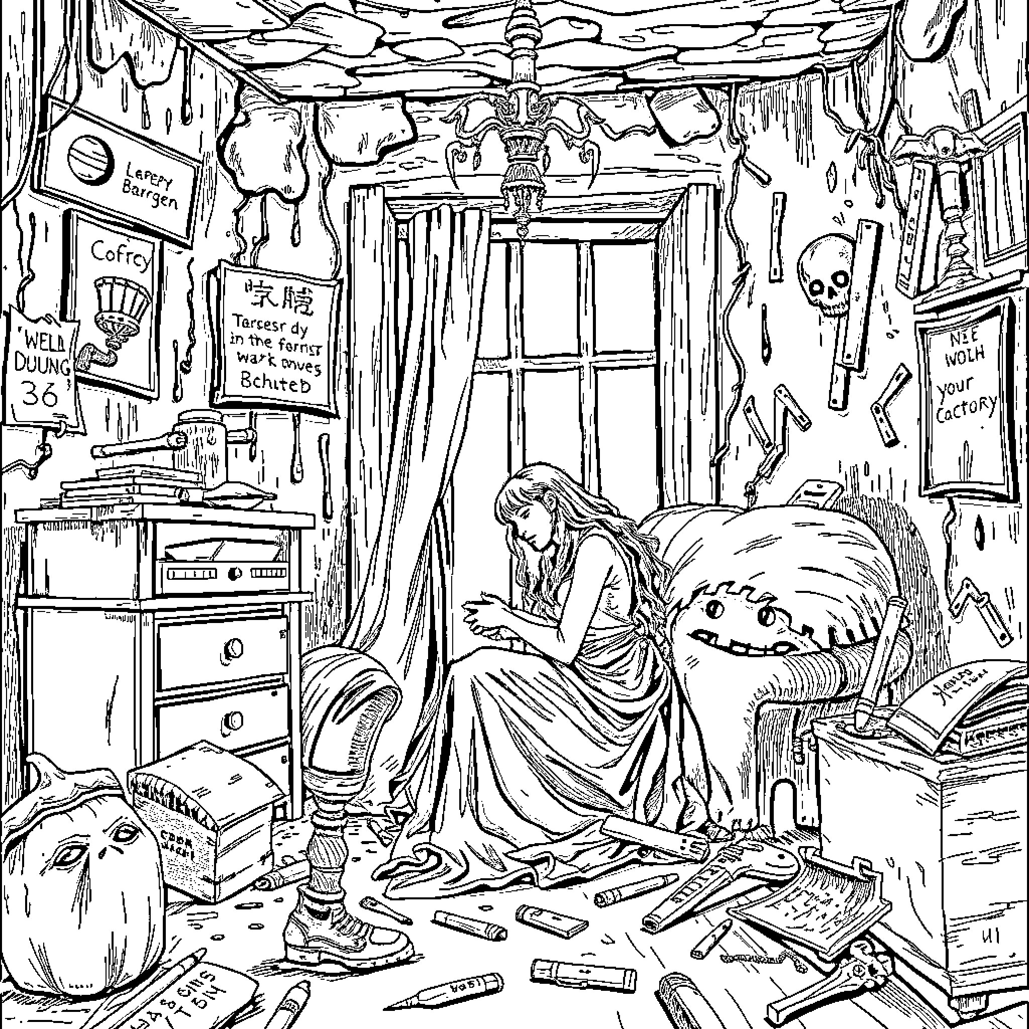 Lover's Intricate Dreamscape Coloring Page (free black-and-white line drawing printable PDF for all, from beginners to advanced learners, including children, teens, adults, and seniors)