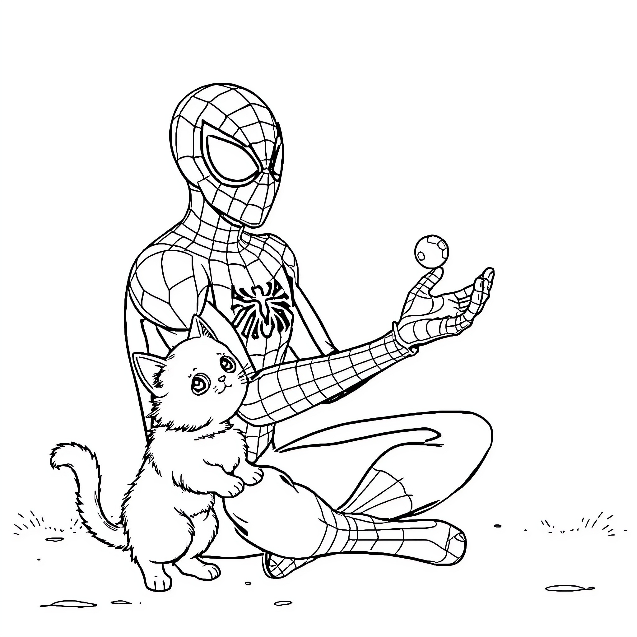 Spiderman playing with a kitten Coloring Page (free black-and-white line drawing printable PDF for all, from beginners to advanced learners, including children, teens, adults, and seniors)