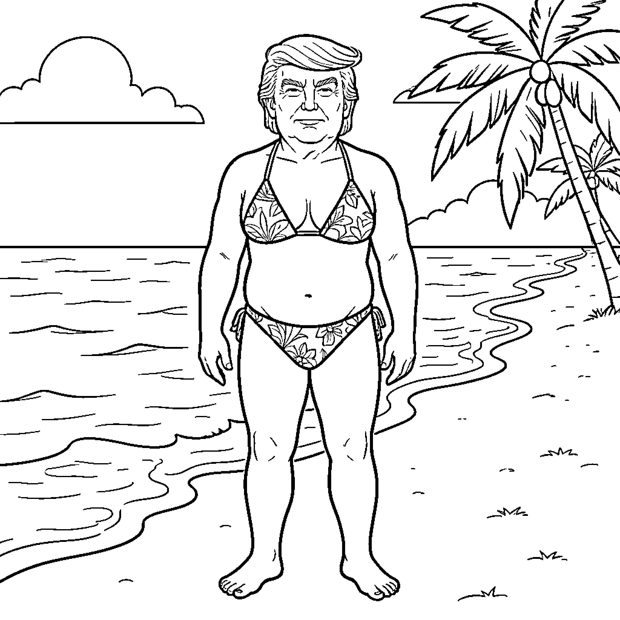 Trump wearing a bikini standing on a beach Coloring Page (free black-and-white line drawing printable PDF for all, from beginners to advanced learners, including children, teens, adults, and seniors)