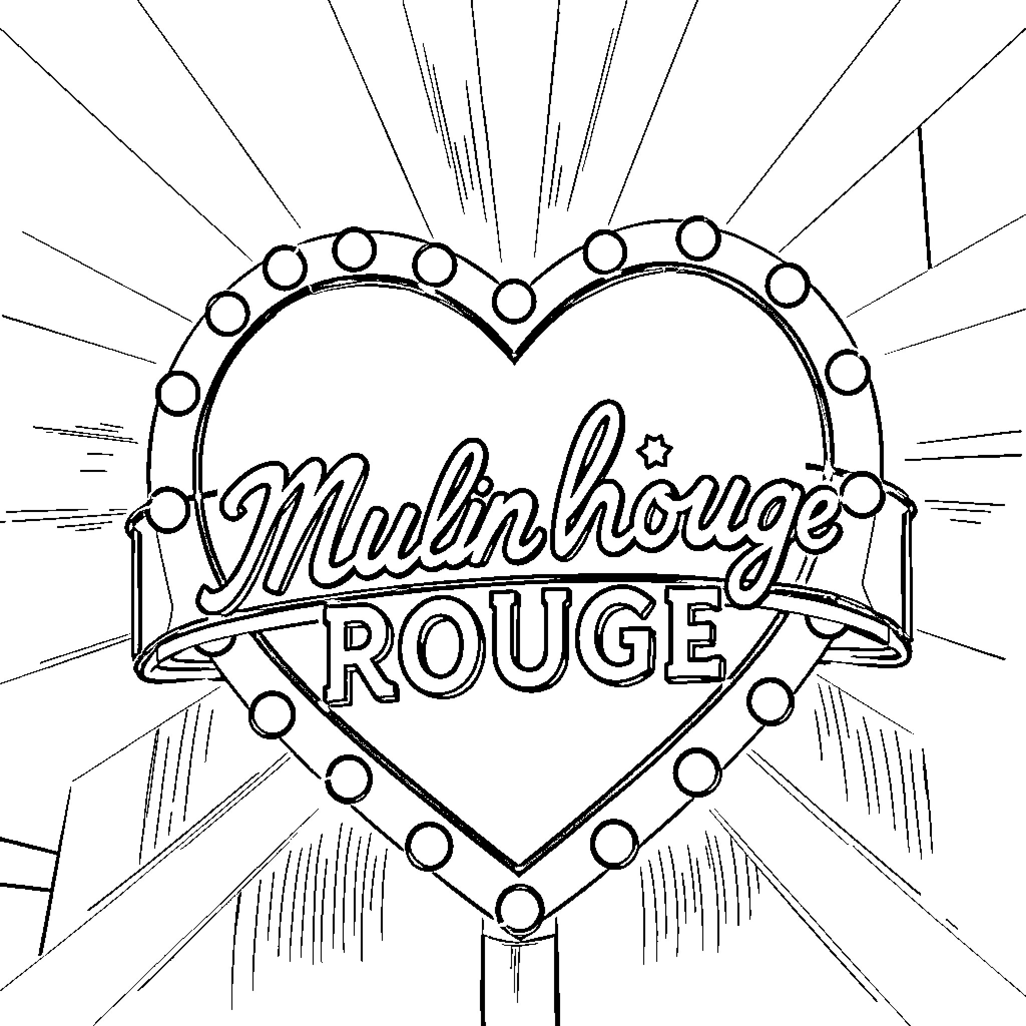Heart-shaped Moulin Rouge Emblem with Bursts Coloring Page (free black-and-white line drawing printable PDF for all, from beginners to advanced learners, including children, teens, adults, and seniors)