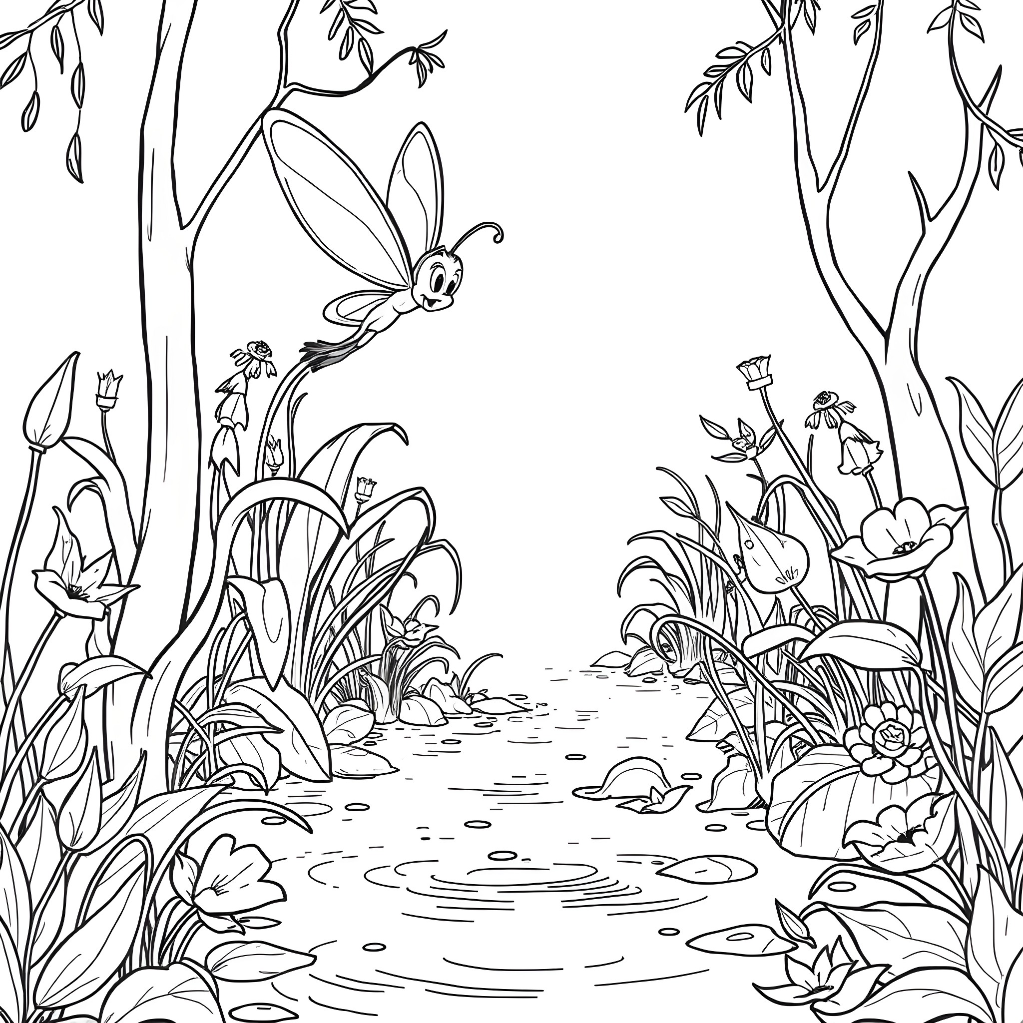 Disney Ray's Enchanted Forest Adventure Coloring Page (free black-and-white line drawing printable PDF for all, from beginners to advanced learners, including children, teens, adults, and seniors)