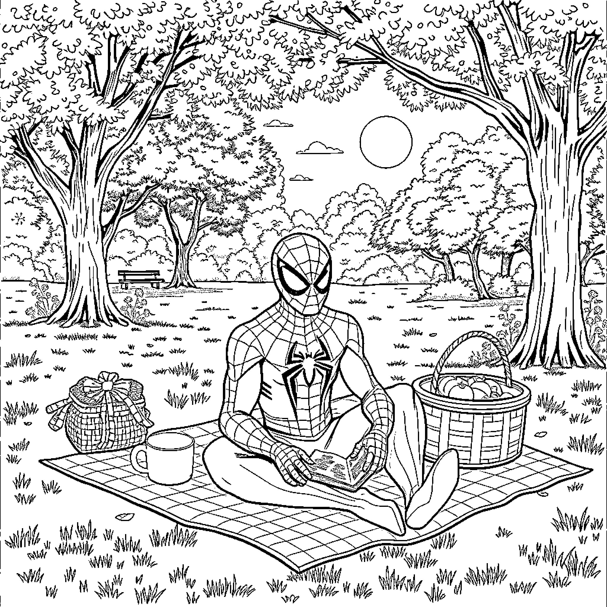Spiderman enjoying a picnic in the park Coloring Page (free black-and-white line drawing printable PDF for all, from beginners to advanced learners, including children, teens, adults, and seniors)
