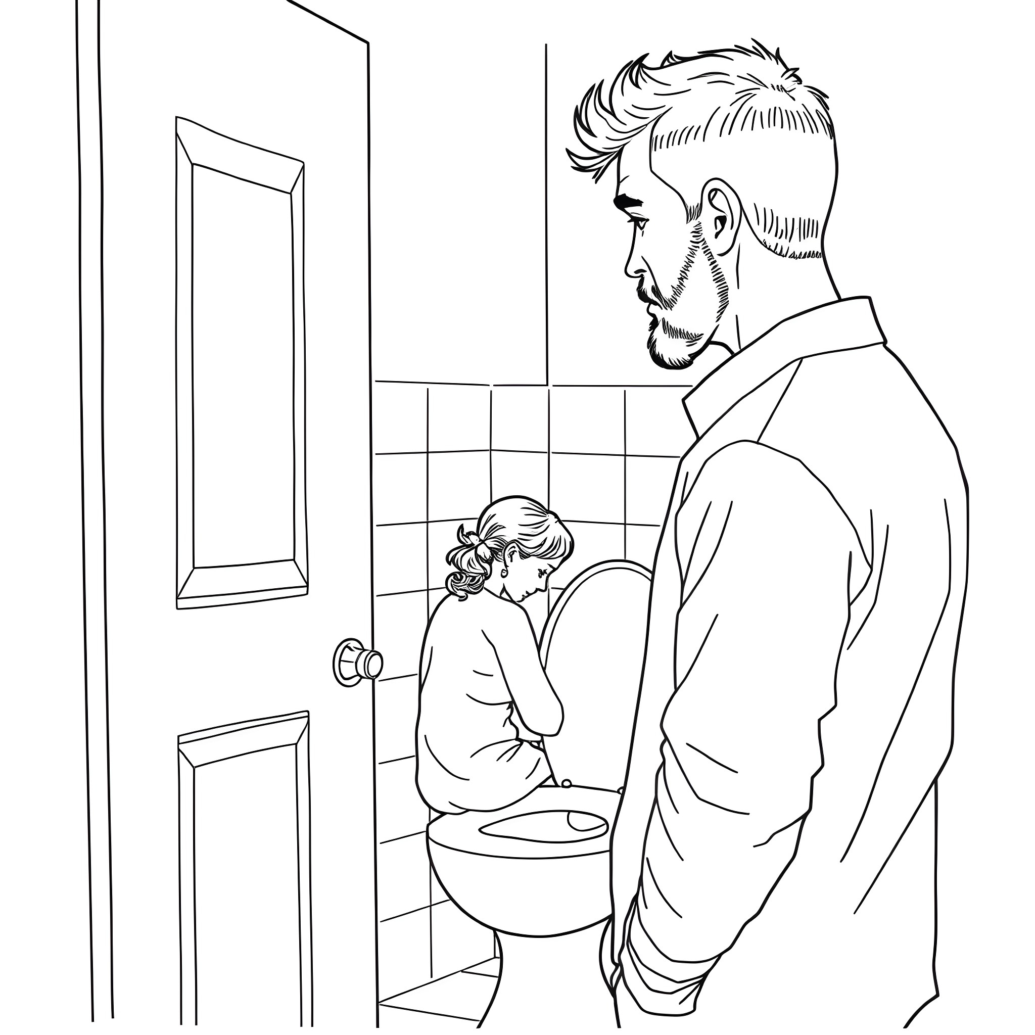 Husband helping child in bathroom Coloring Page (free black-and-white line drawing printable PDF for all, from beginners to advanced learners, including children, teens, adults, and seniors)