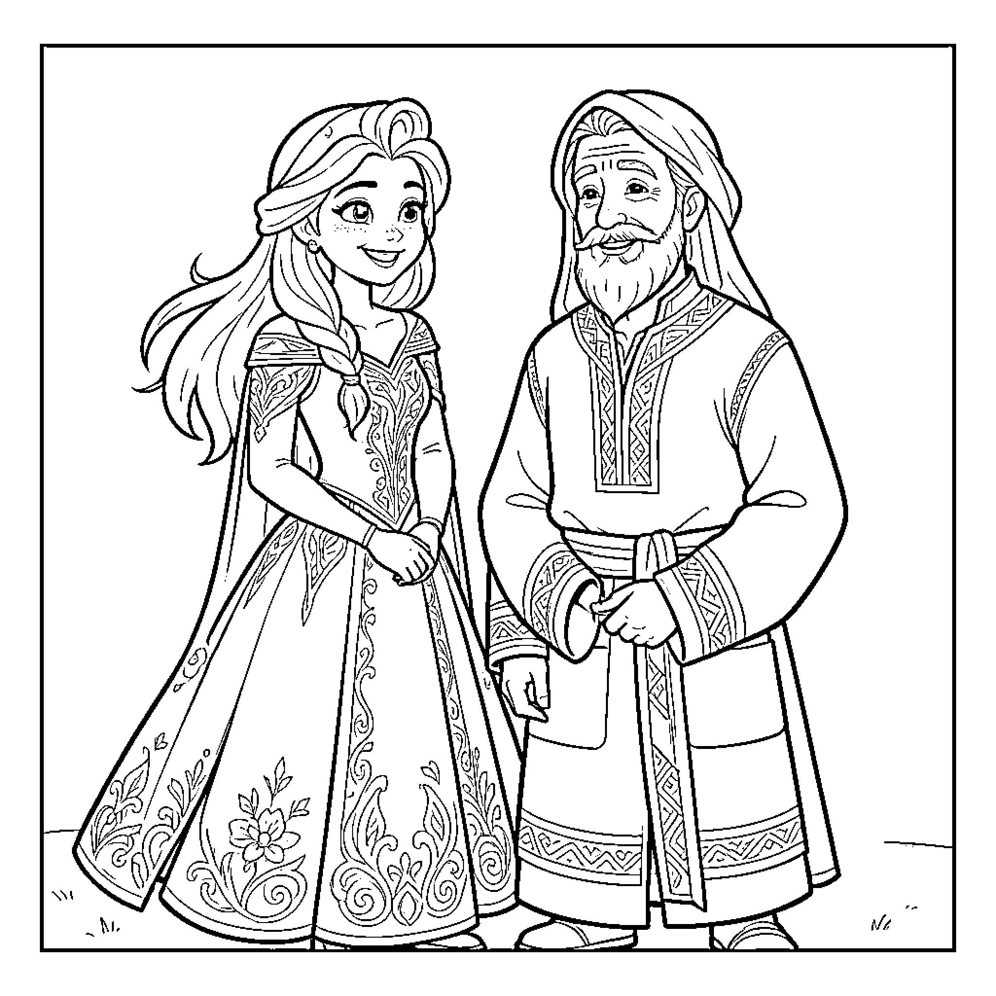 Elsa smiling while standing next to an older man Coloring Page (free black-and-white line drawing printable PDF for all, from beginners to advanced learners, including children, teens, adults, and seniors)