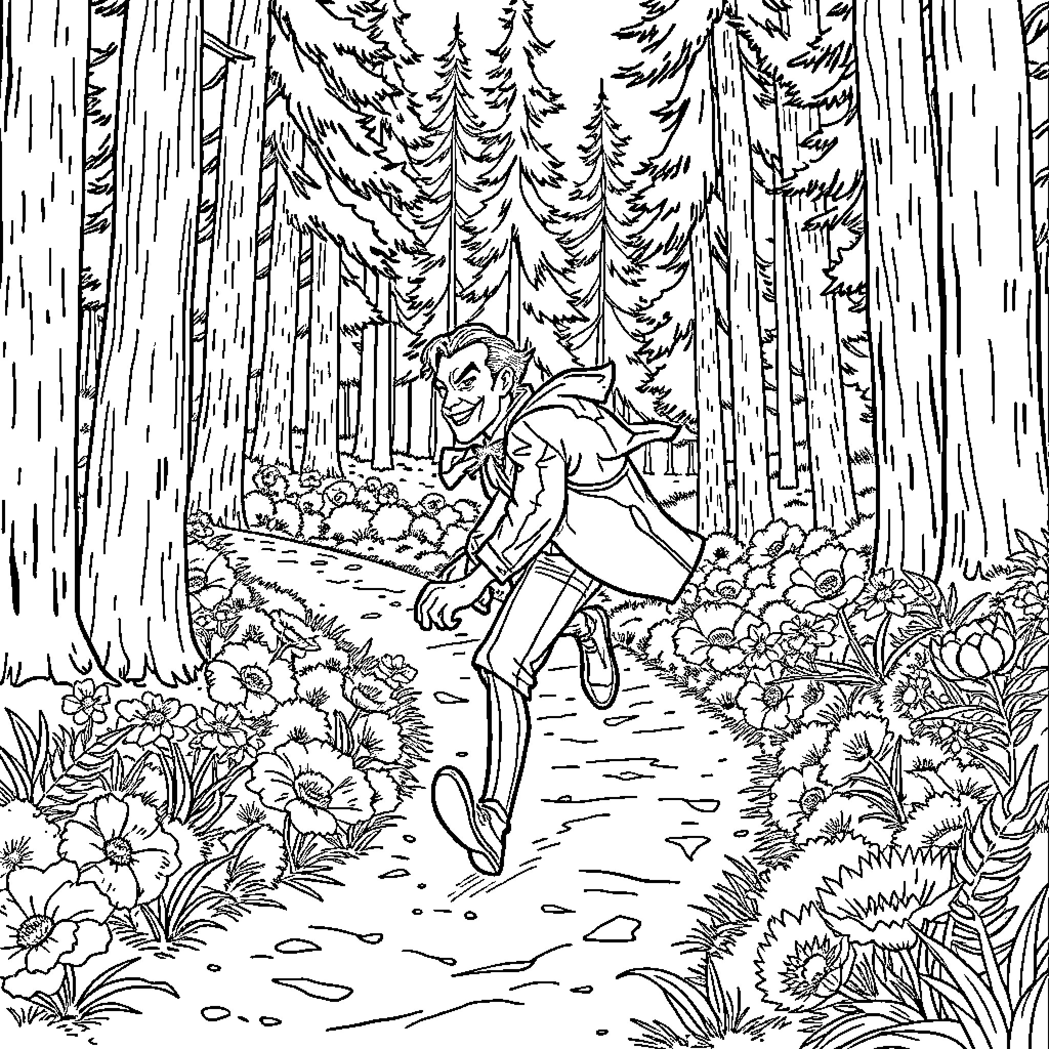 Joker explores the magical forest filled with flora and fauna Coloring Page (free black-and-white line drawing printable PDF for all, from beginners to advanced learners, including children, teens, adults, and seniors)
